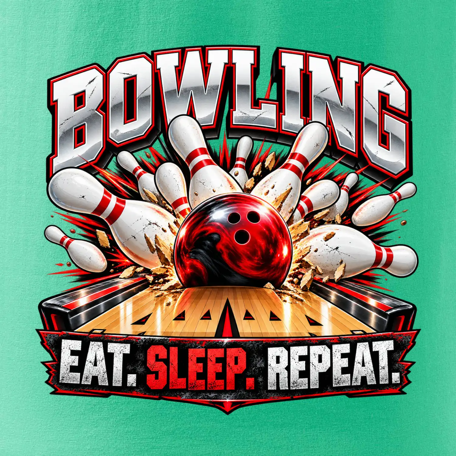 Bowlingová koule a kuželky eat sleep repeat