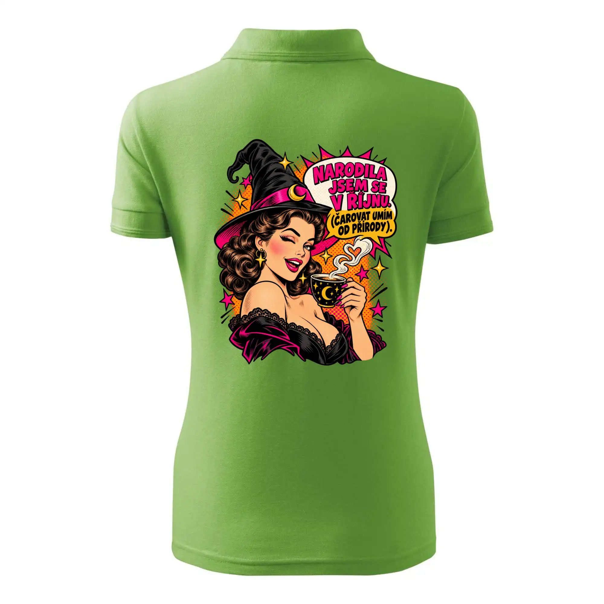Říjnová čarodějka s kávou v retro pop artu