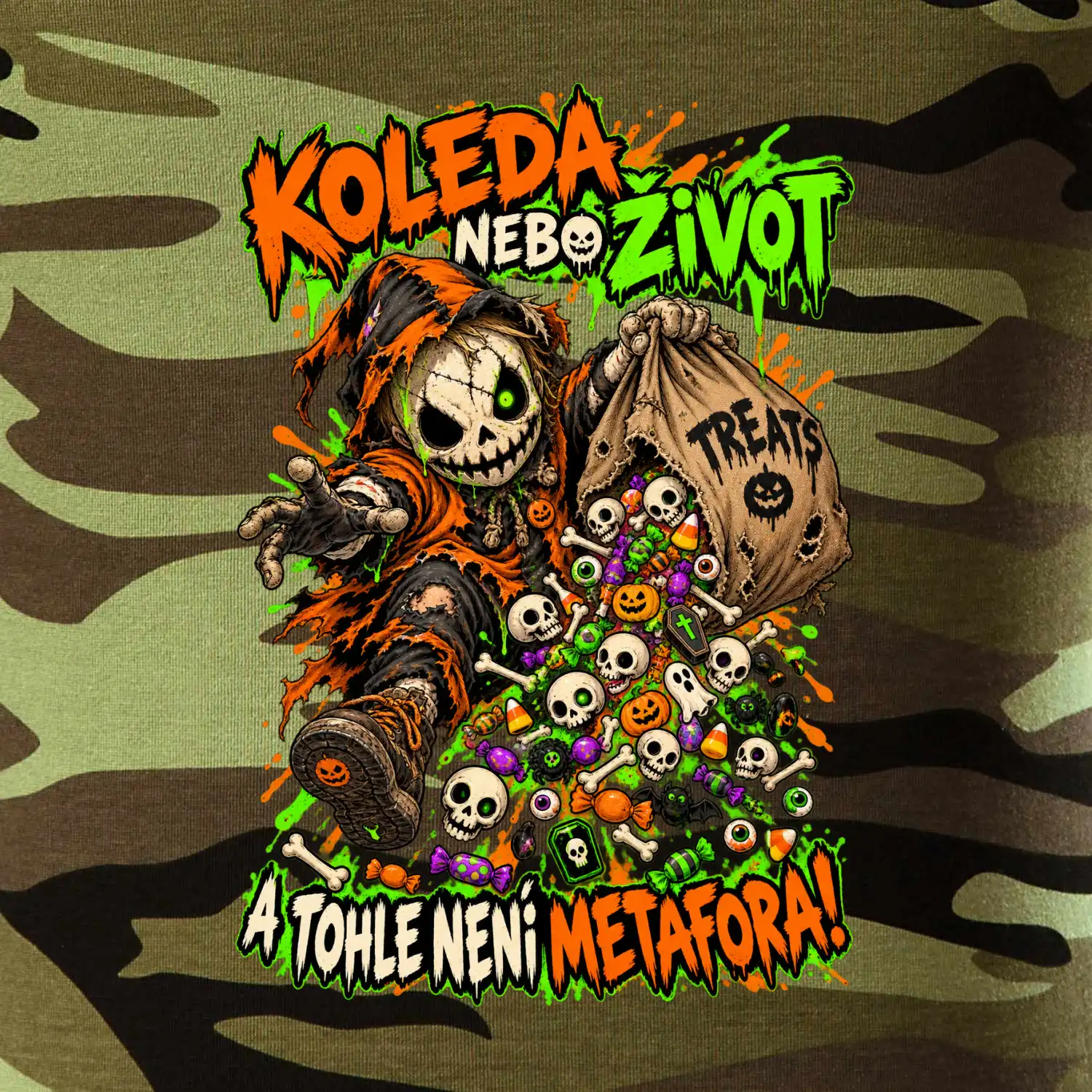 Halloweenský koledník s pytlem strašidelných sladkostí