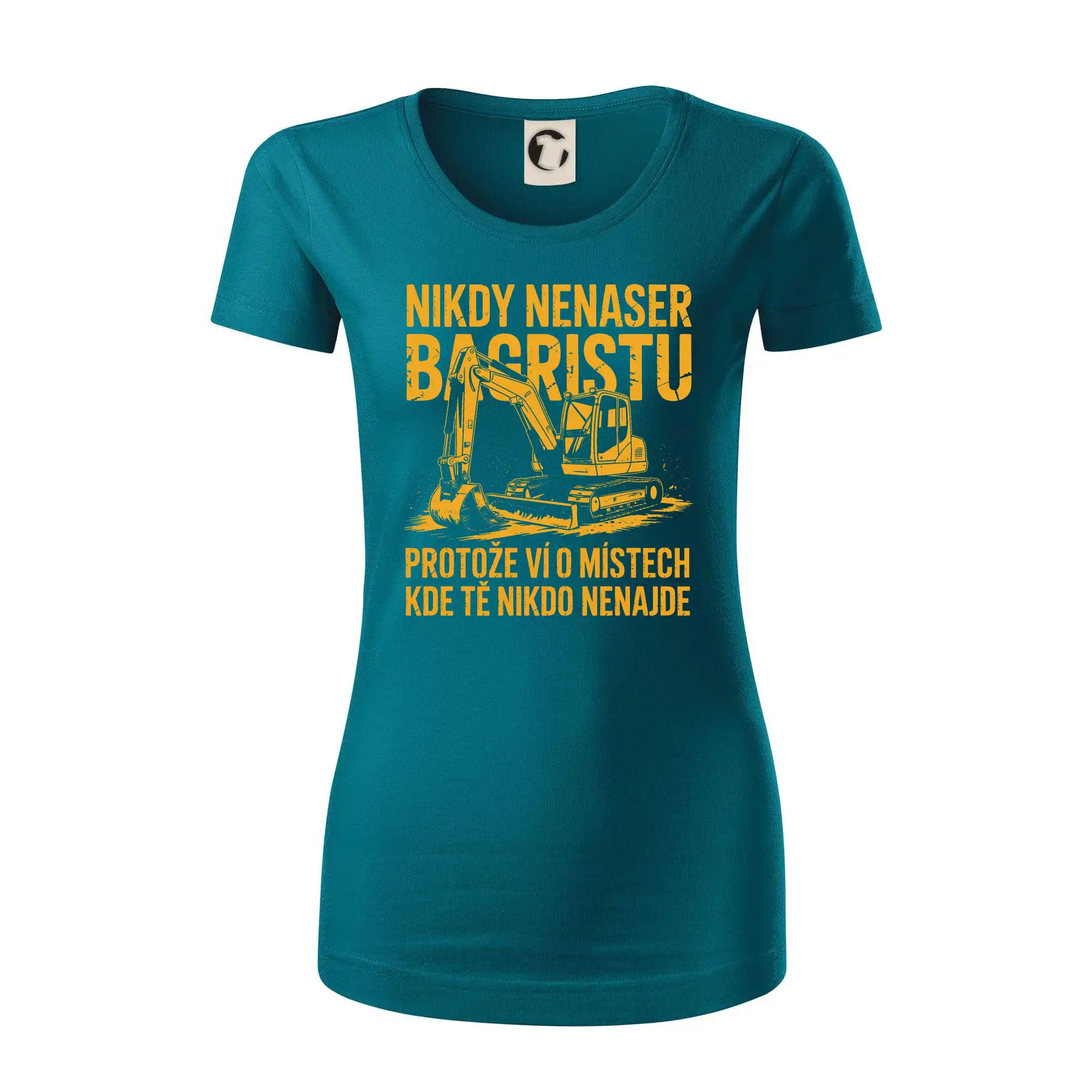 Oranžový bagr Nikdy Nenaser bagristu