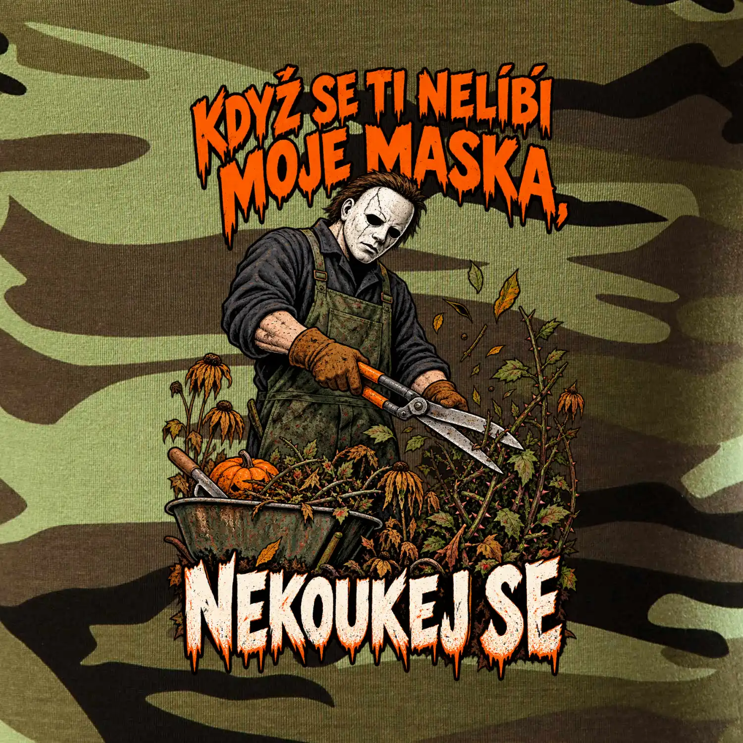 Maskovaný hororový zahradník se zahradními nůžkami