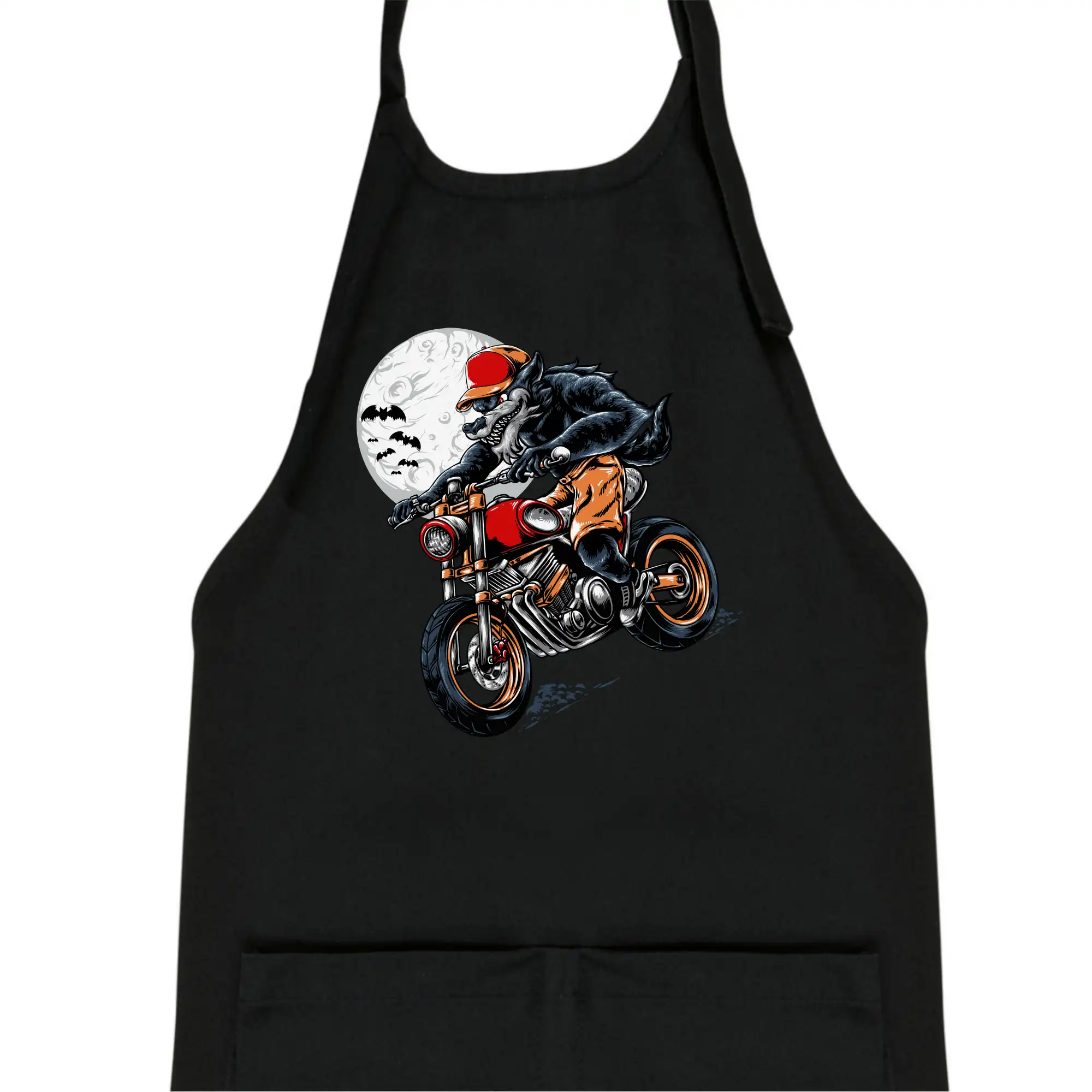 Kreslený vlk na motorce