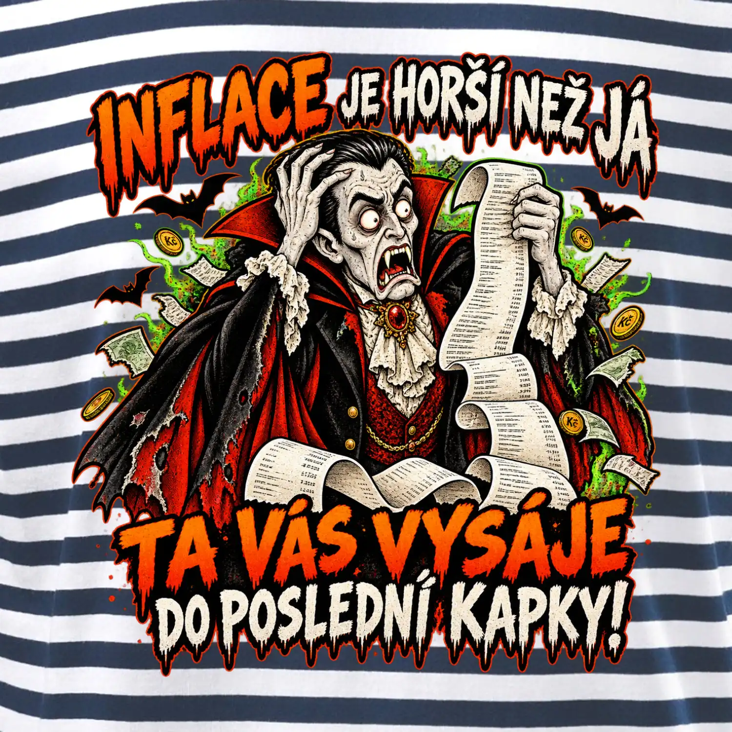Drákula vyděšený z nekonečně dlouhé účtenky