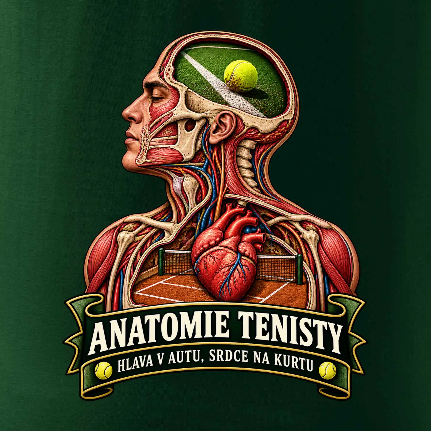 Anatomie tenisty hlava v autu srdce na kurtu