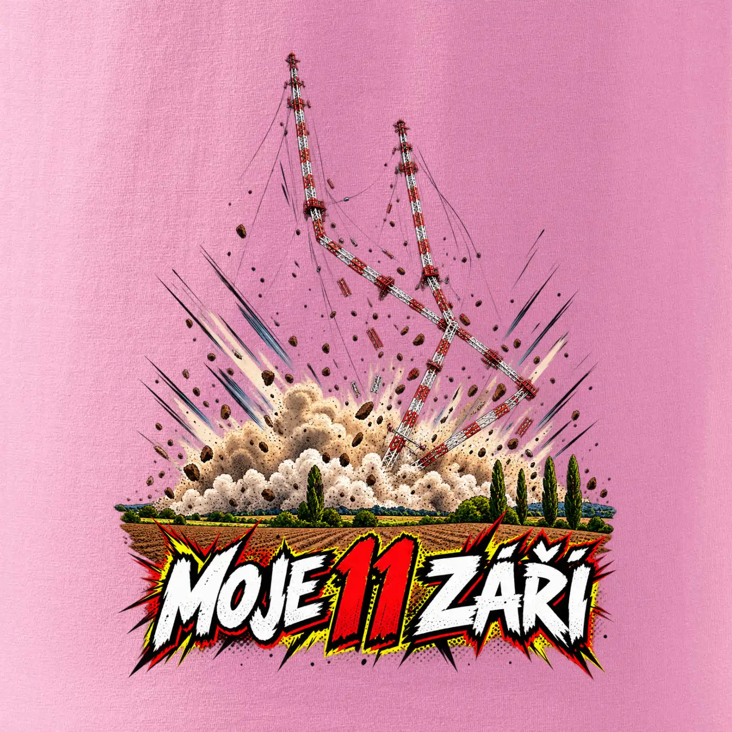 Liblice B pád vysílačů moje 11 září komiksový motiv