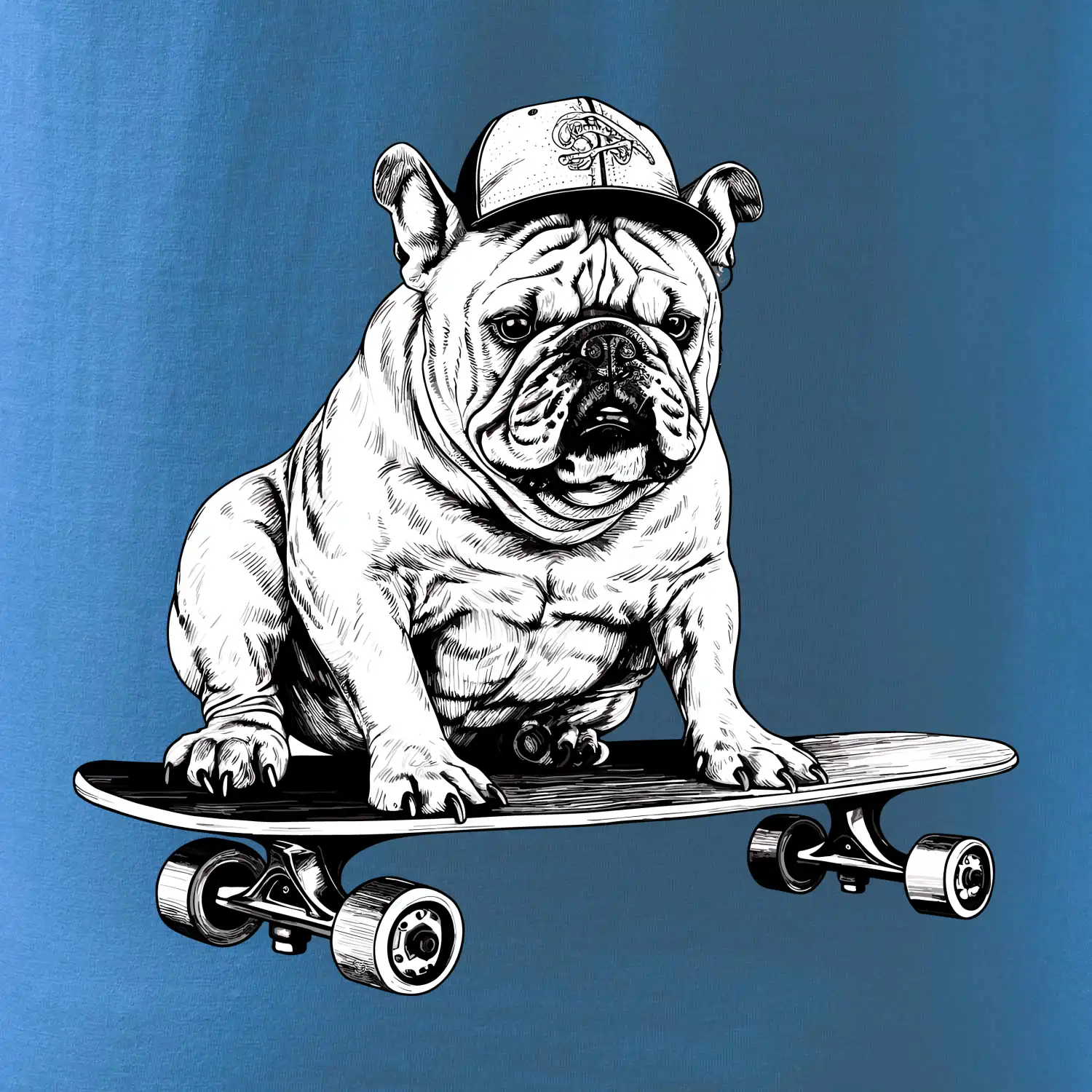 Černobílý buldok na skateboardu