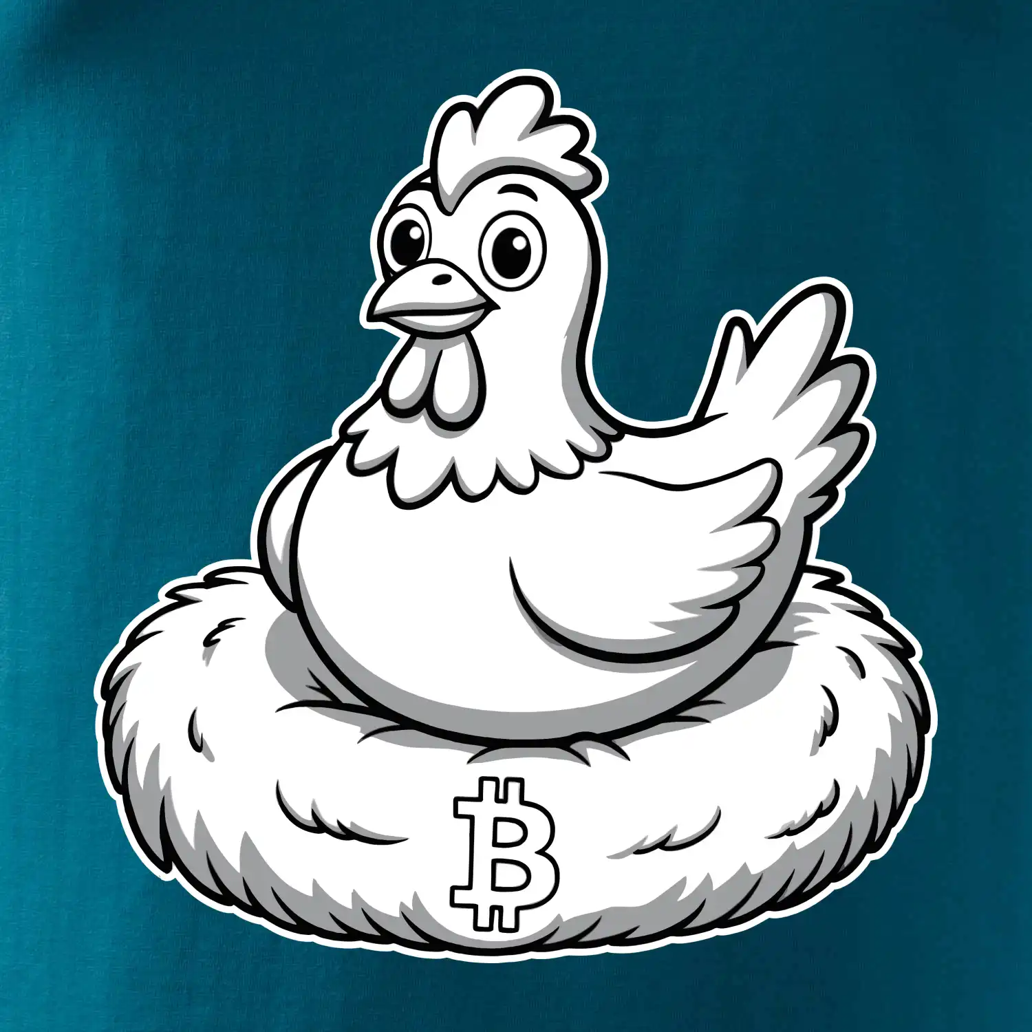 Kuře sedící na bitcoinovém hnízdě