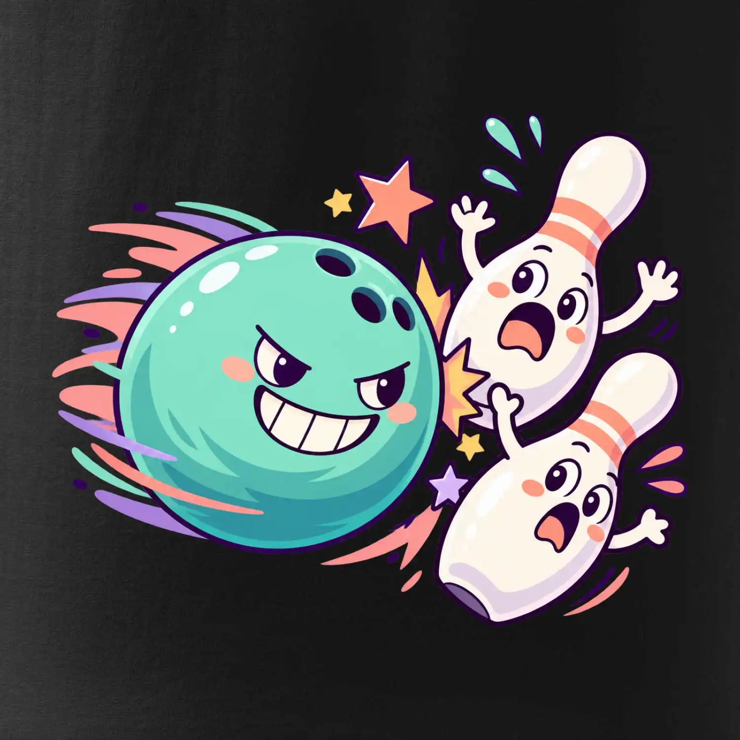 Bowling vtipná koule honí vystrašené kuželky