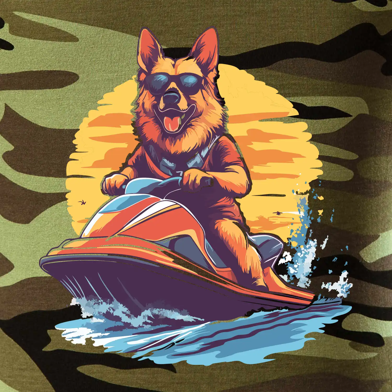 Německý ovčák na vodním skútru