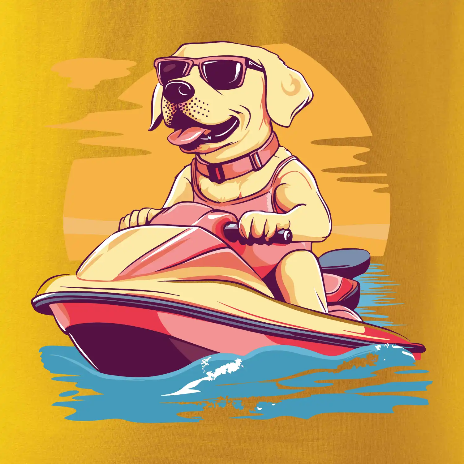 Zlatý retrívr na vodním skútru