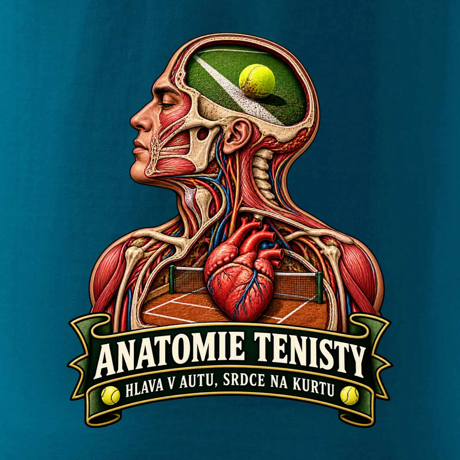 Anatomie tenisty hlava v autu srdce na kurtu
