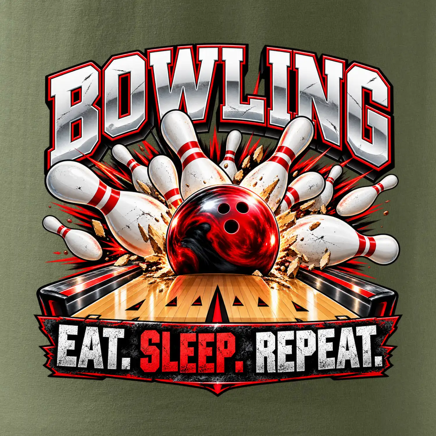Bowlingová koule a kuželky eat sleep repeat