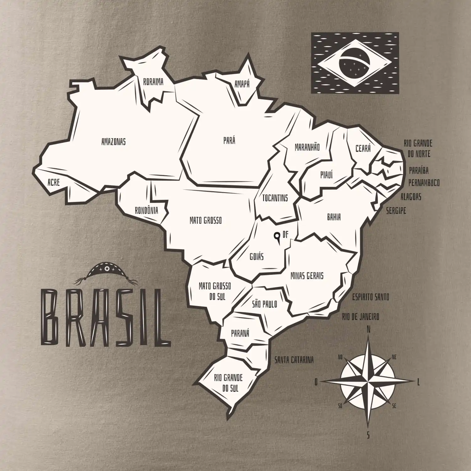 Brazílie mapa s názvy regionů