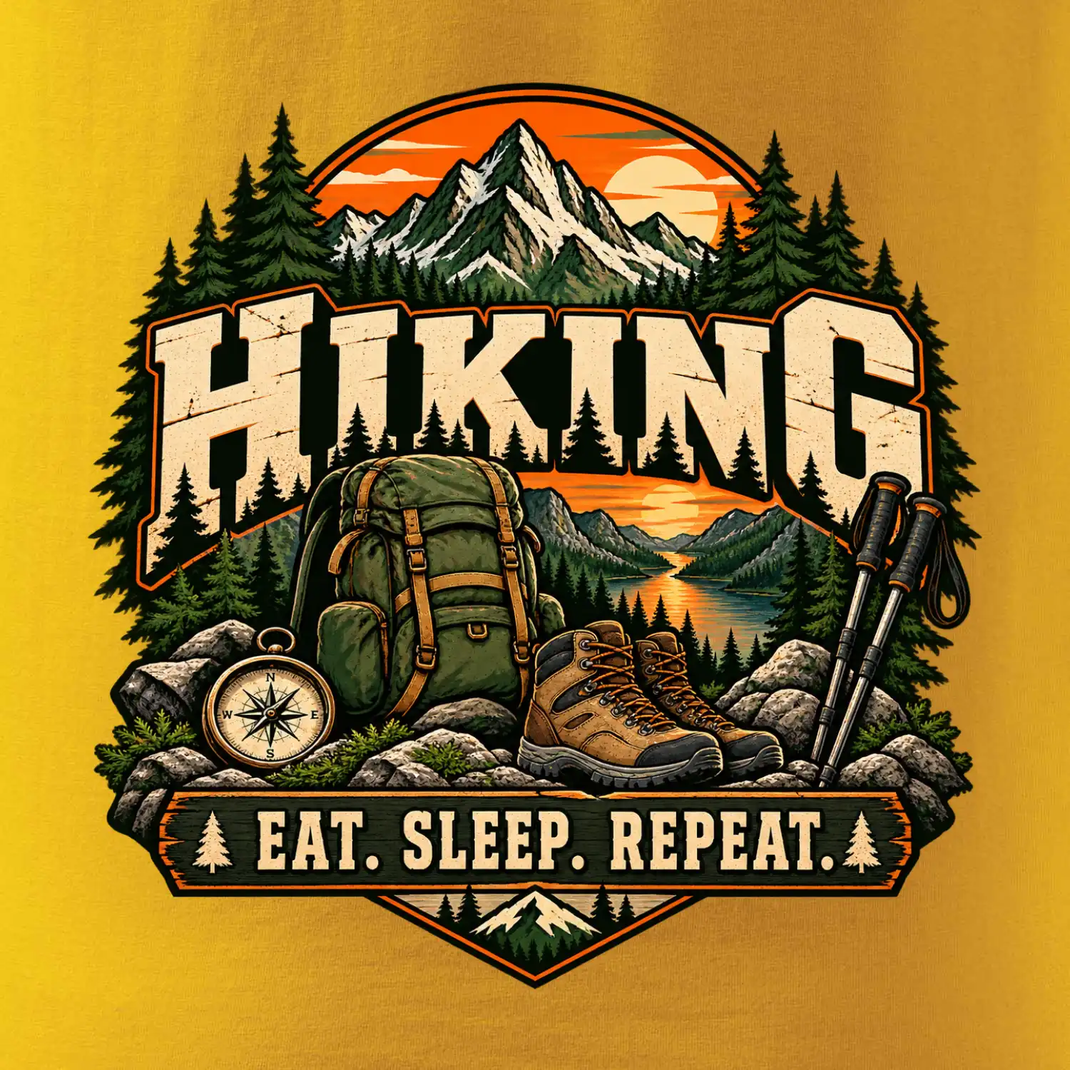 Turistický batoh v horách eat sleep repeat