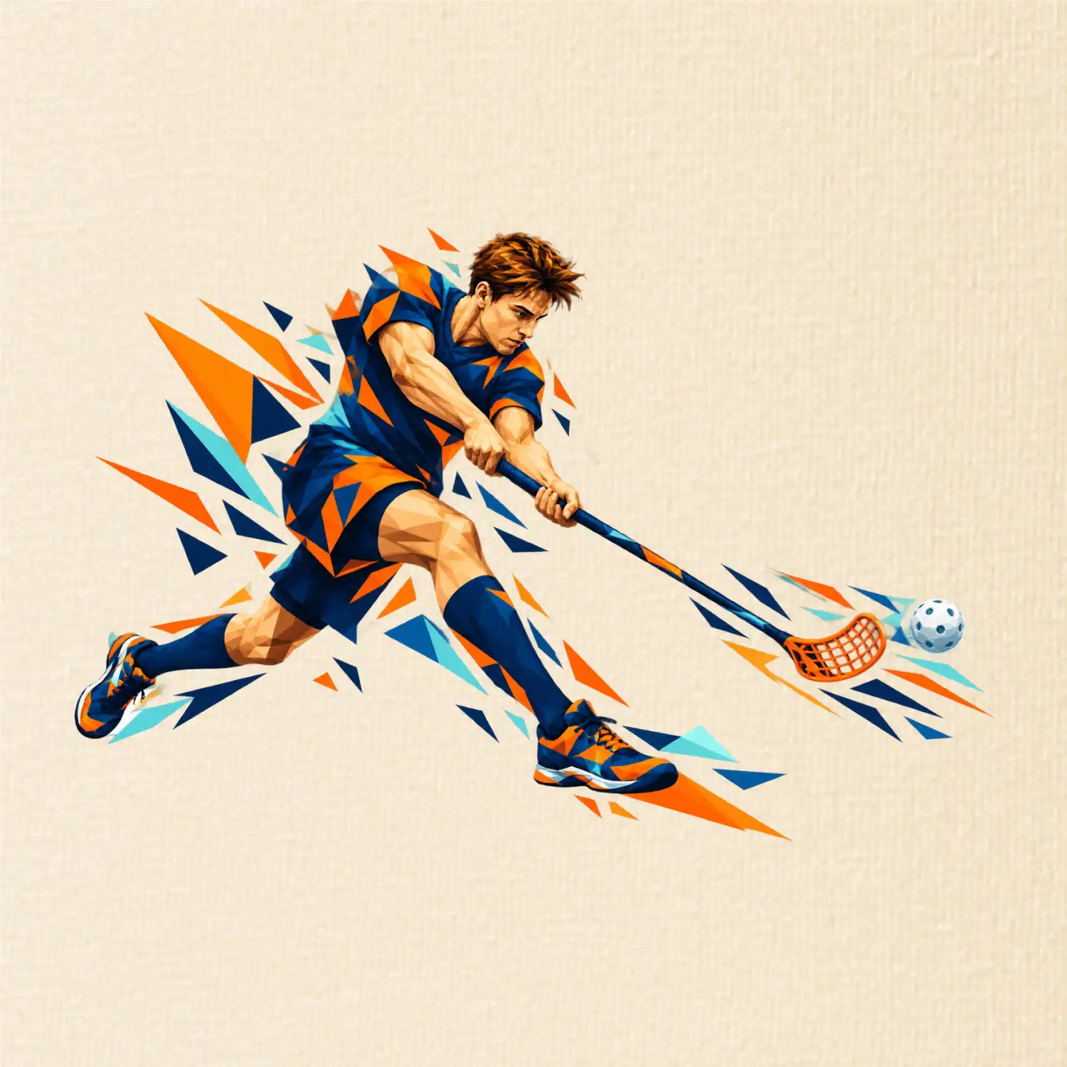 Florbalový útočník v oranžových polygonech