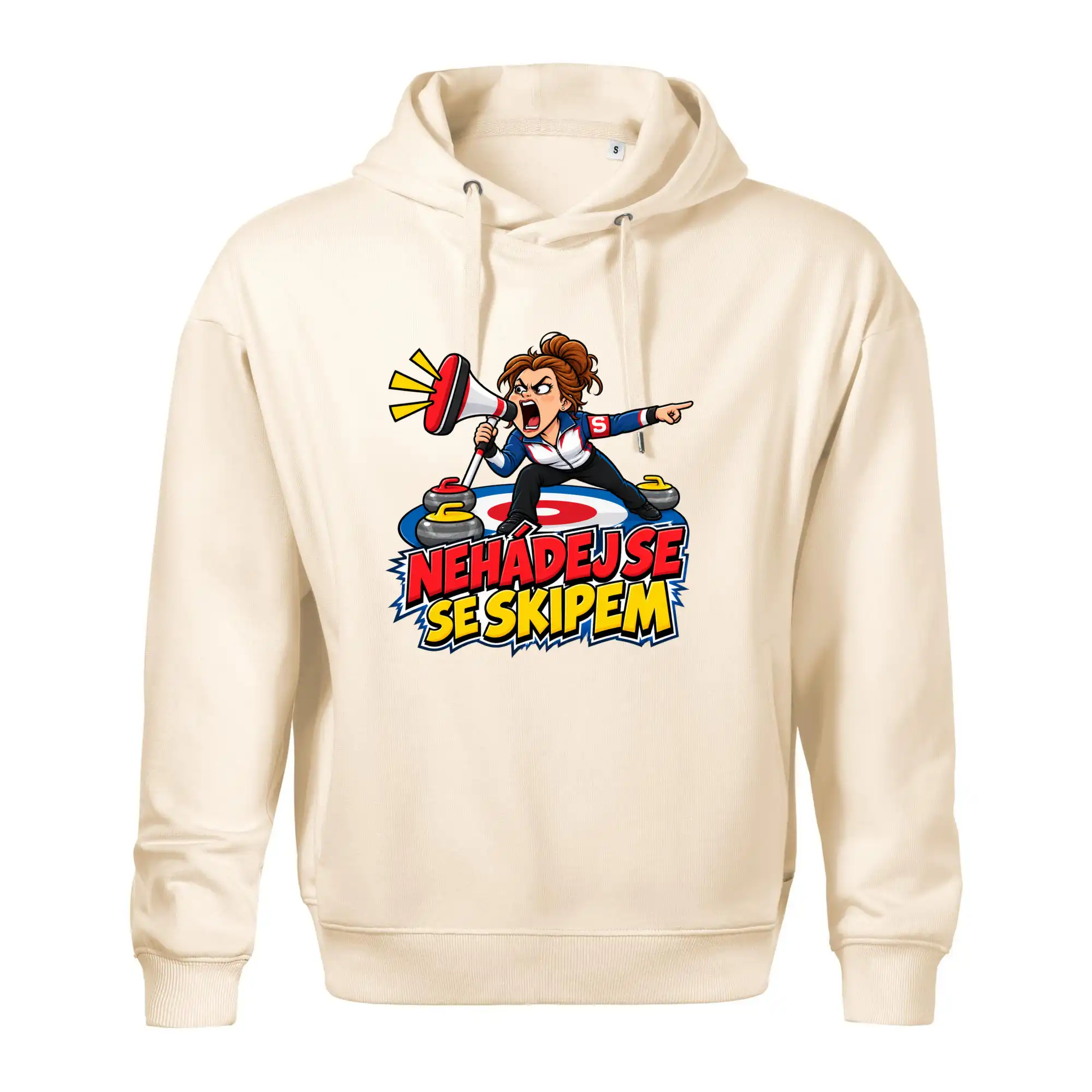 Rozzuřený curlingový skip s megafonem
