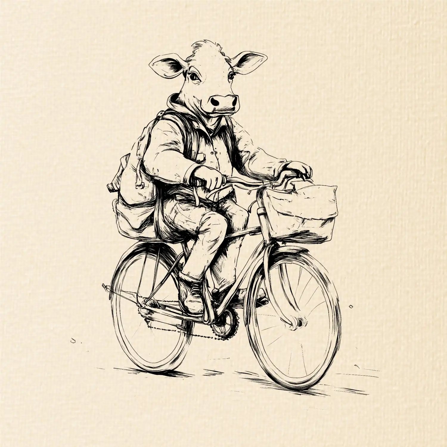 Kráva v obleku na kole