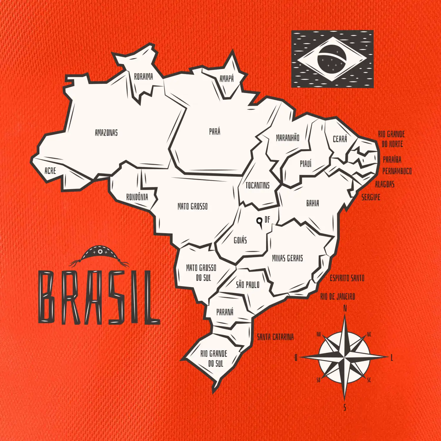 Brazílie mapa s názvy regionů