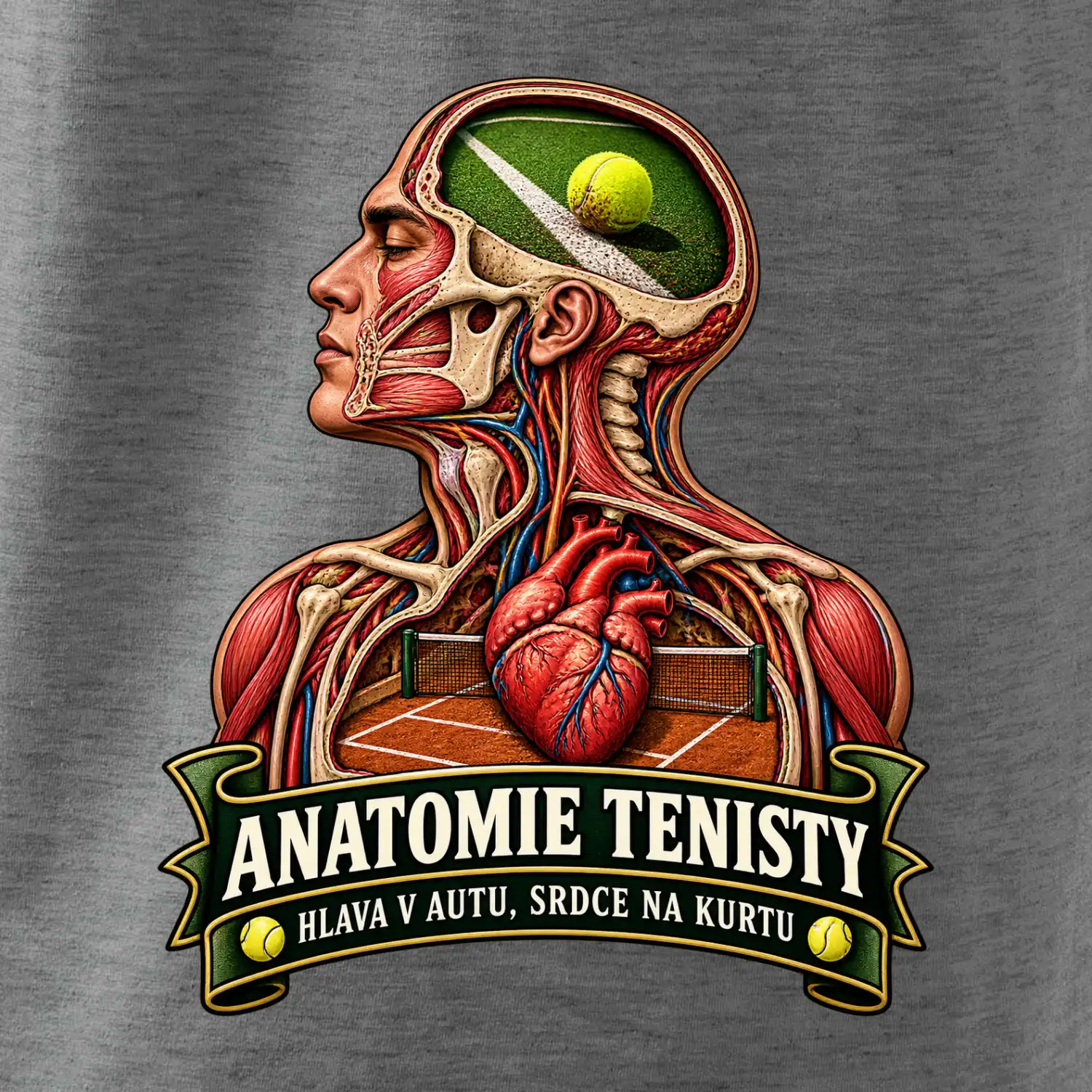 Anatomie tenisty hlava v autu srdce na kurtu