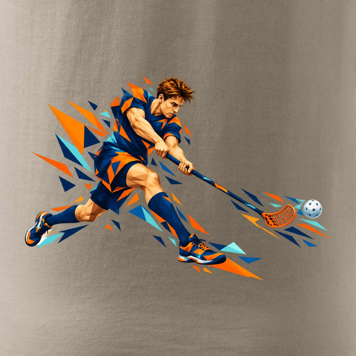 Florbalový útočník v oranžových polygonech