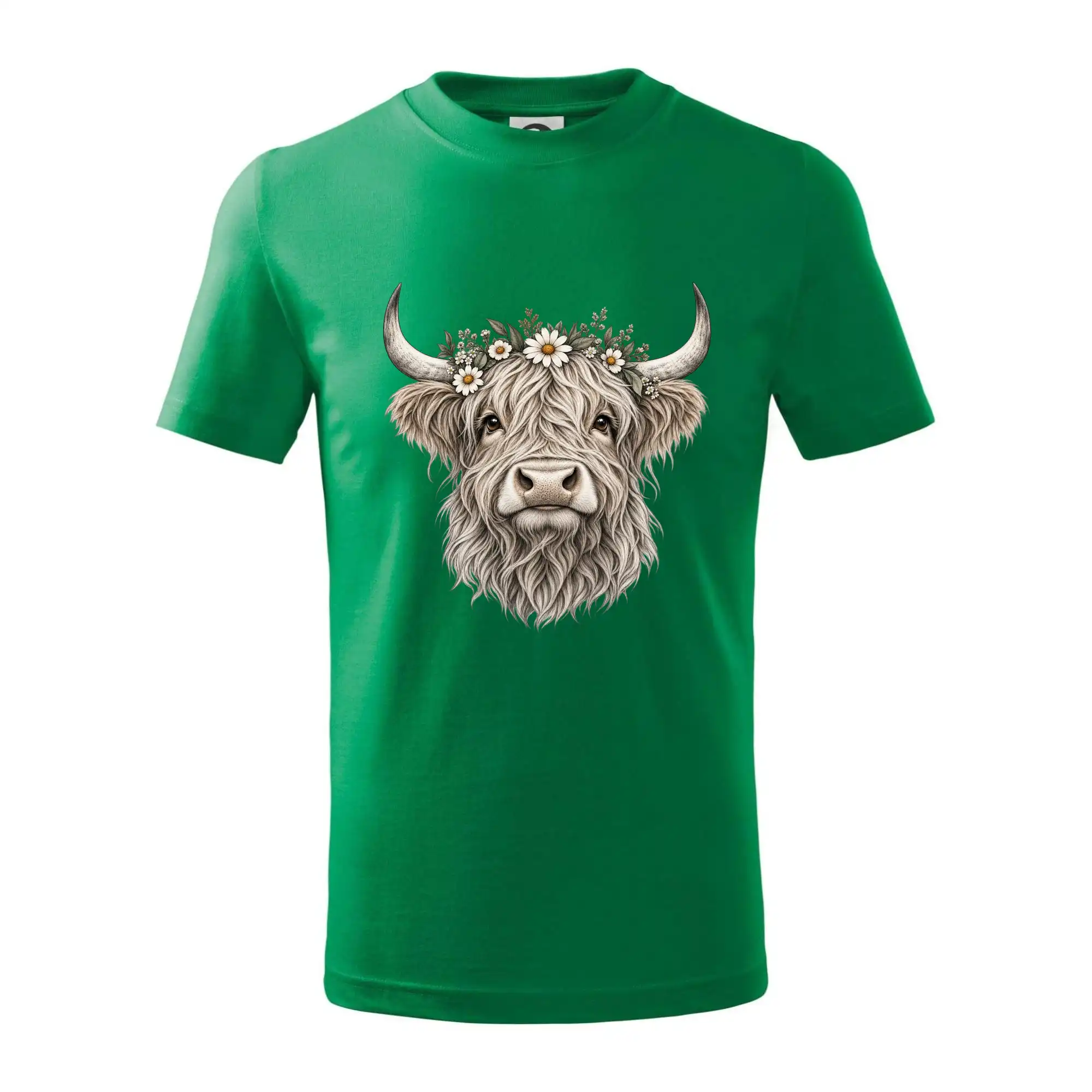 Highlandská kráva s květinami