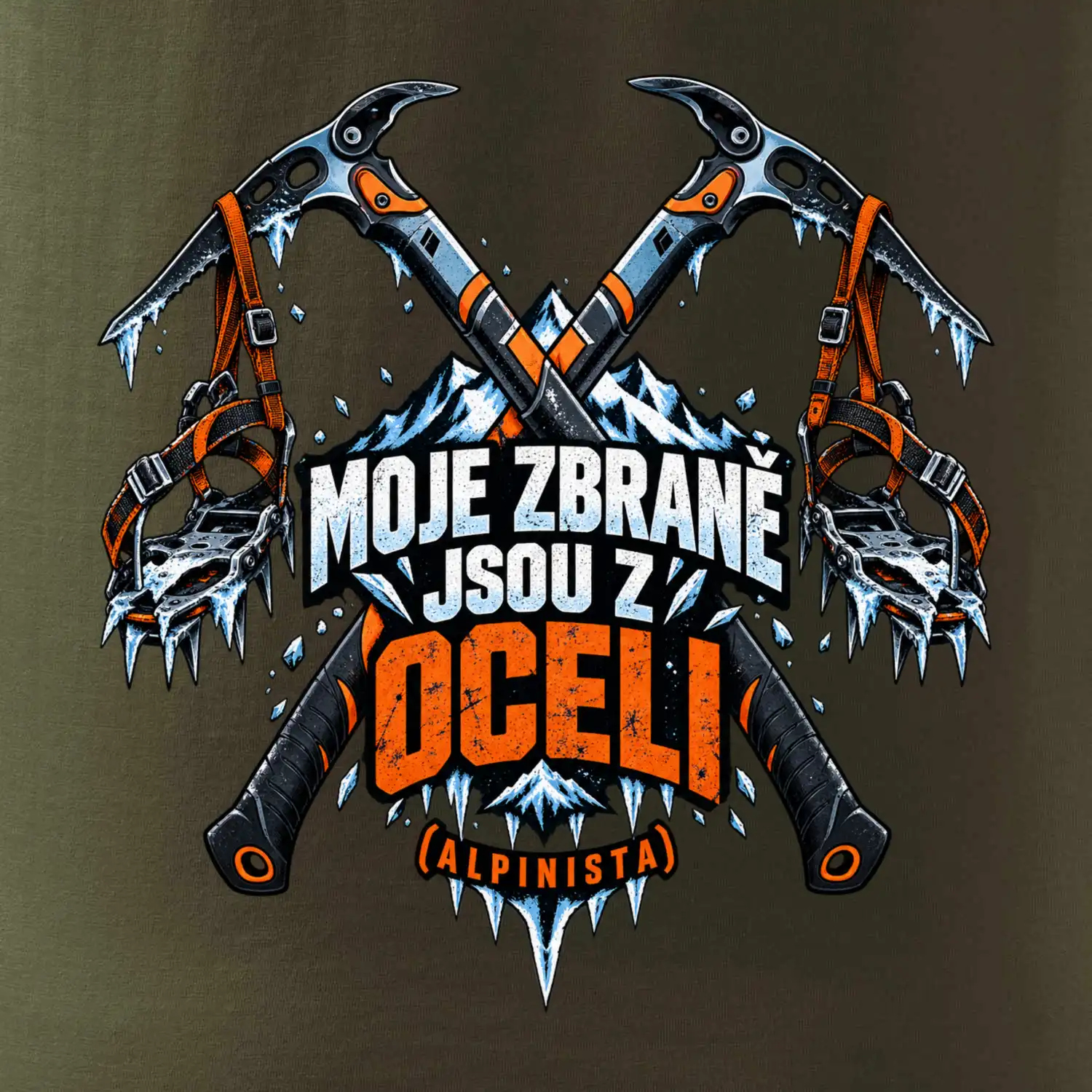 Alpinista se zbraněmi z oceli