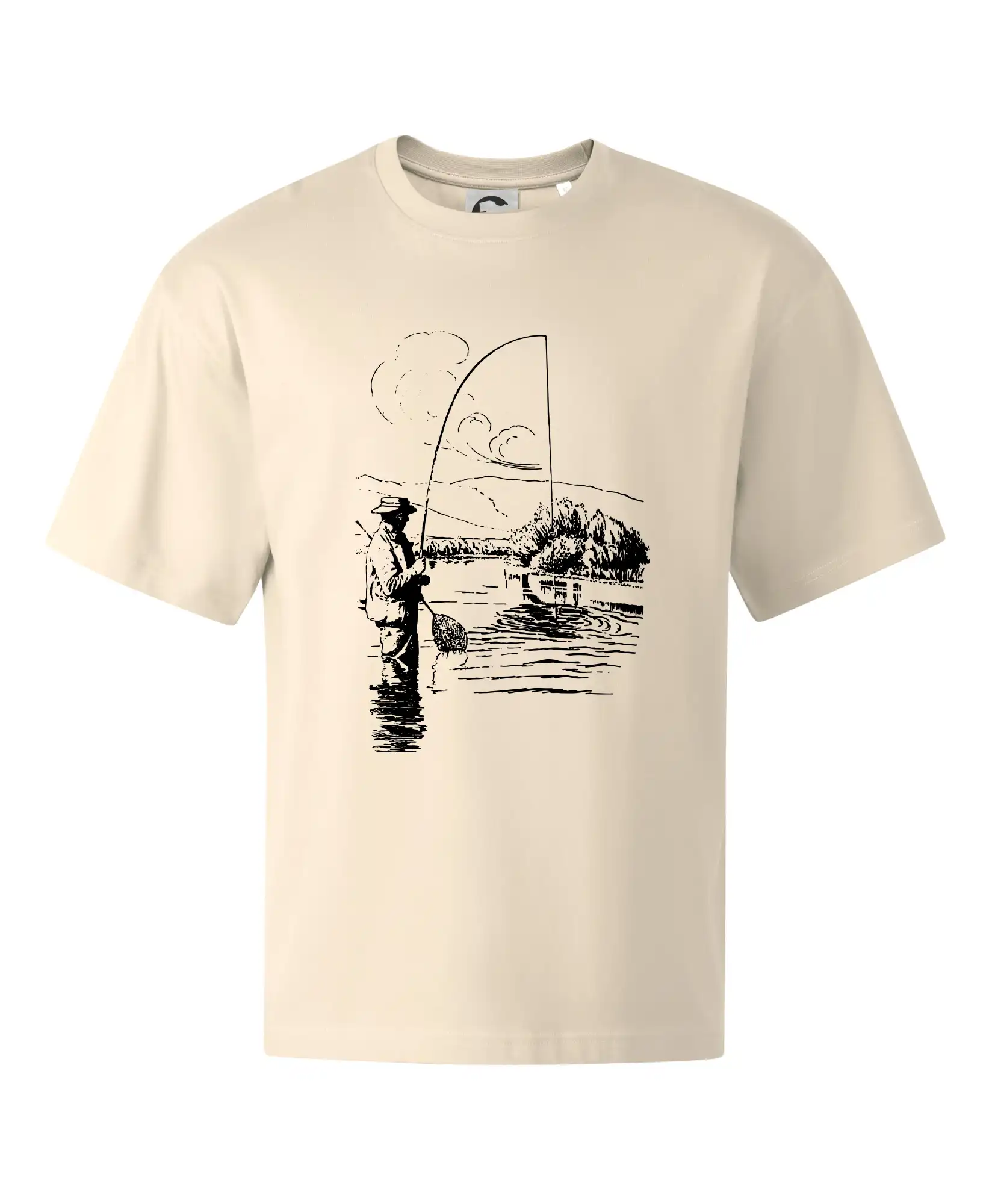 Kreslený rybář s podběrákem