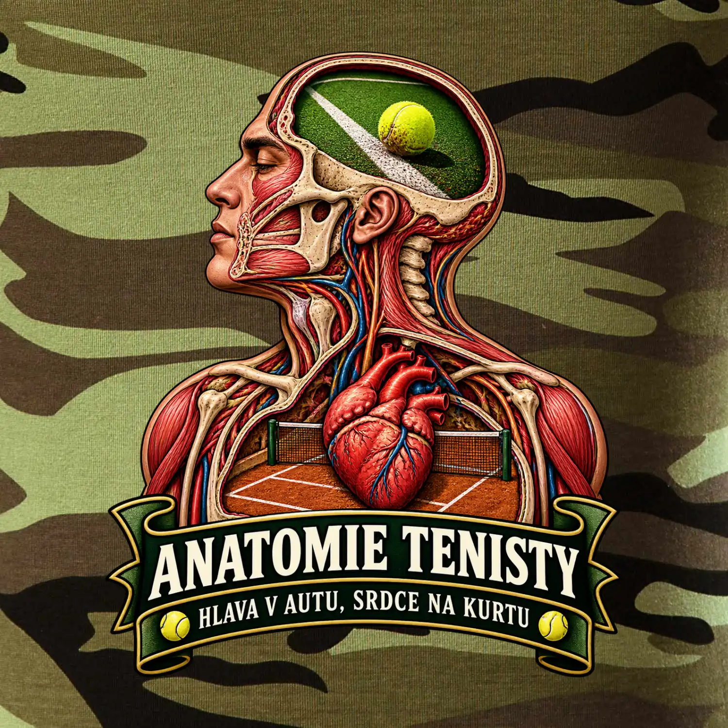 Anatomie tenisty hlava v autu srdce na kurtu