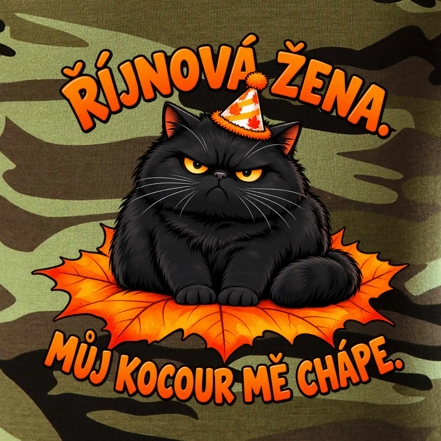 Říjnová žena mrzutý černý kocour na javorovém listu