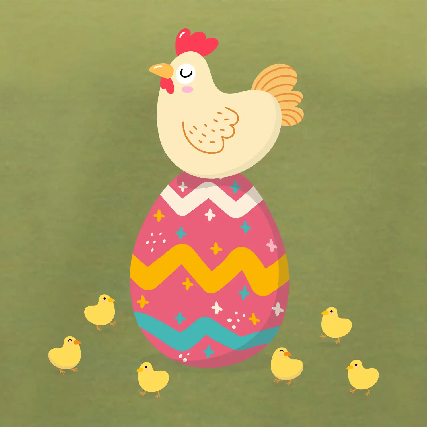 Slepice sedící na velikonočním vejci