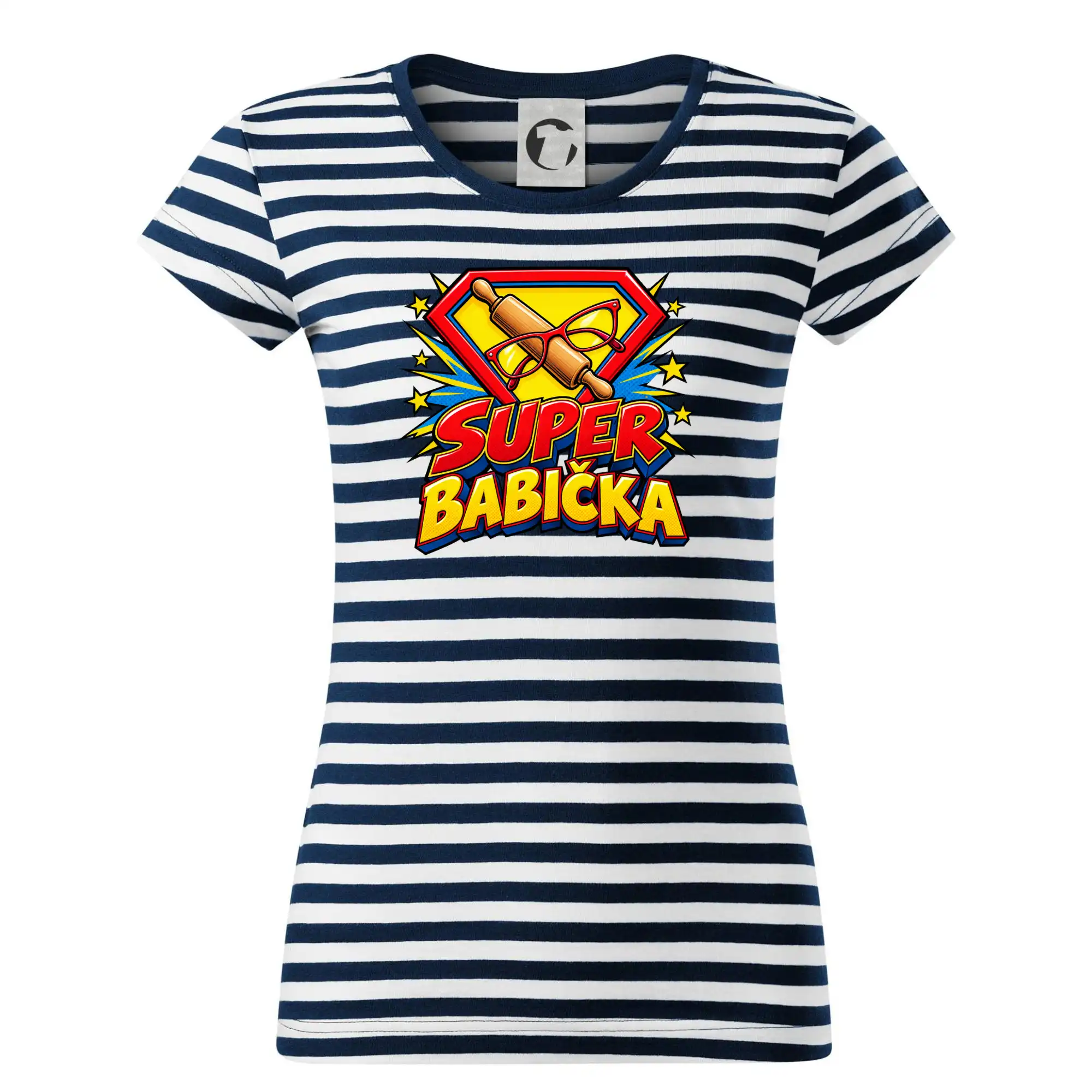 Super babička komiksový znak s válečkem a brýlemi
