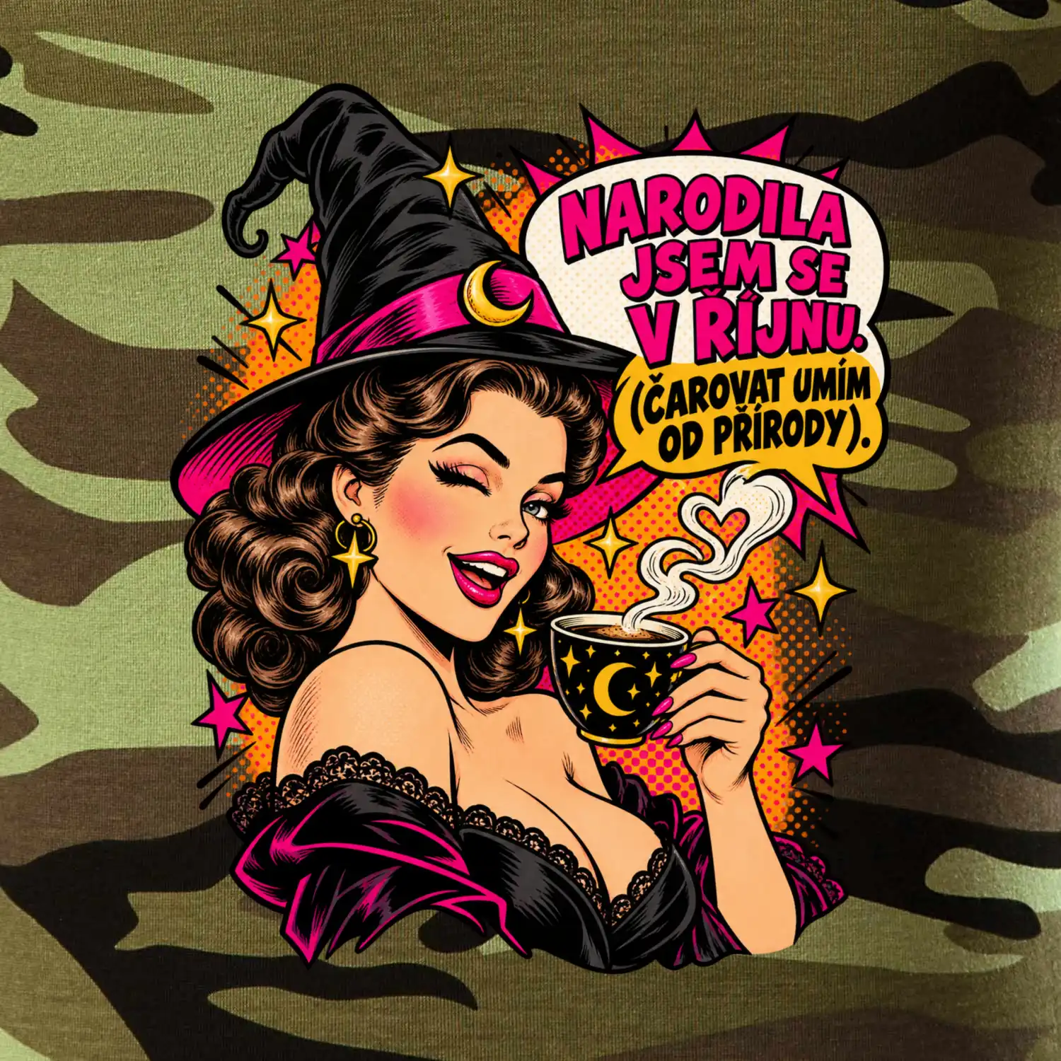 Říjnová čarodějka s kávou v retro pop artu