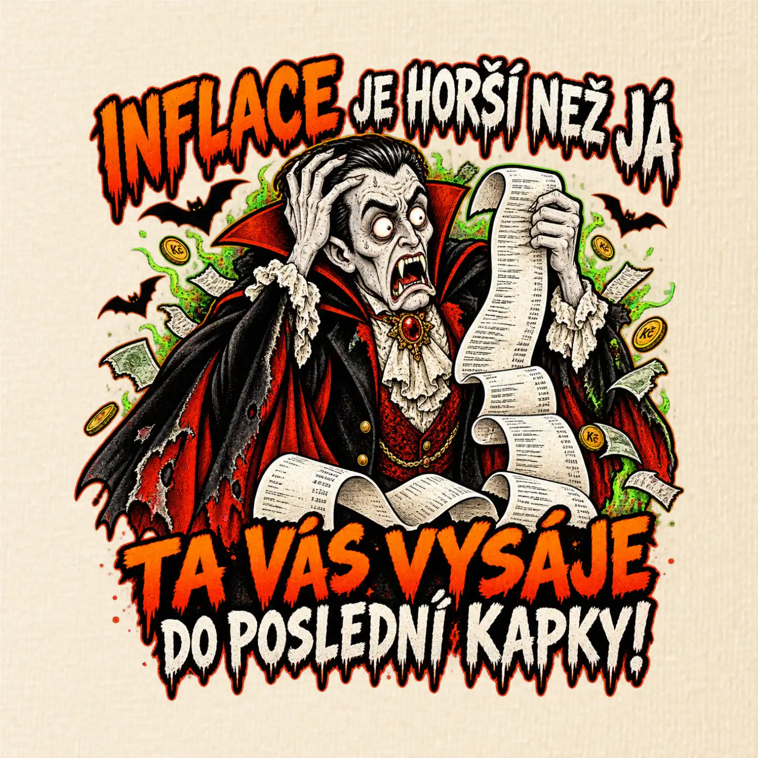 Drákula vyděšený z nekonečně dlouhé účtenky