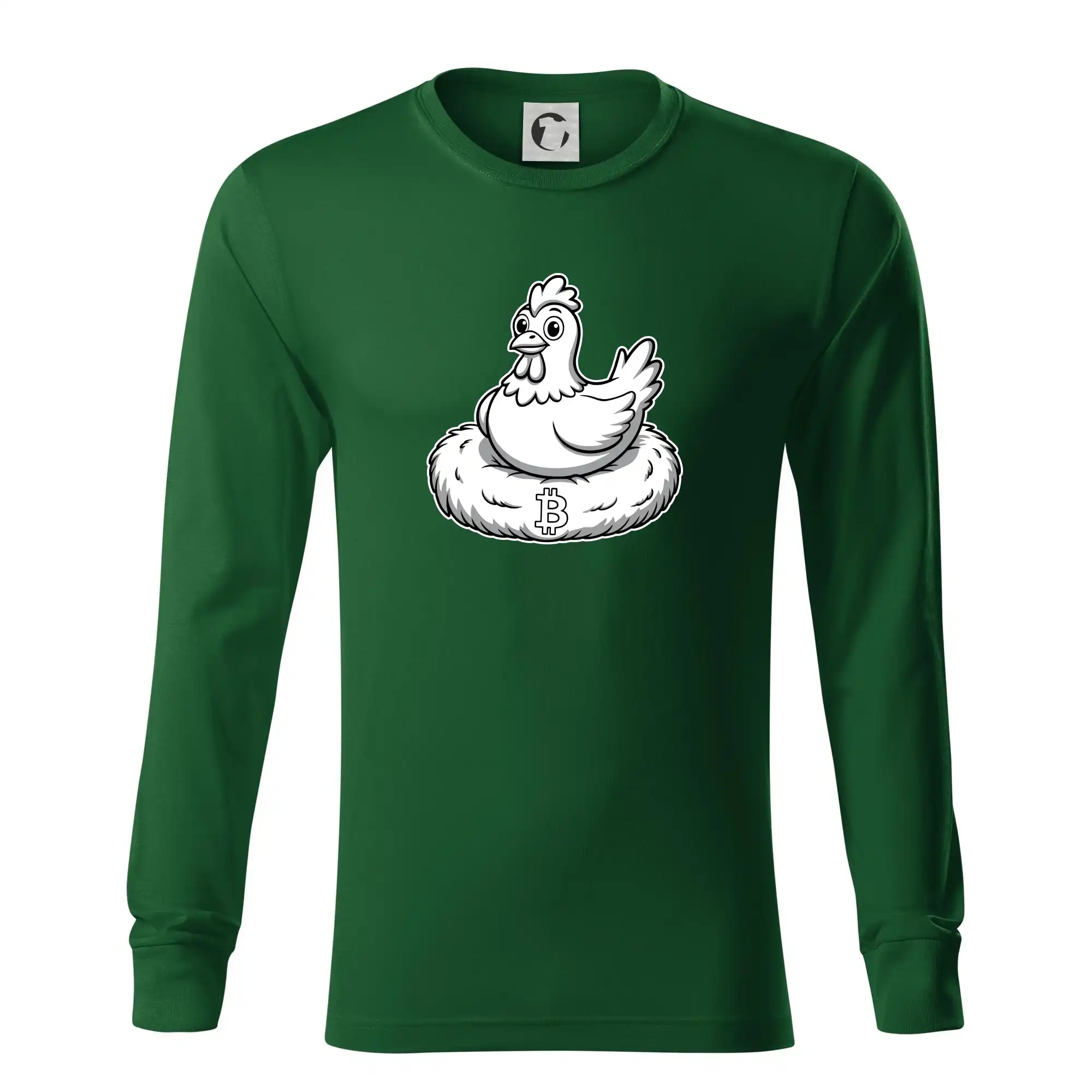 Kuře sedící na bitcoinovém hnízdě