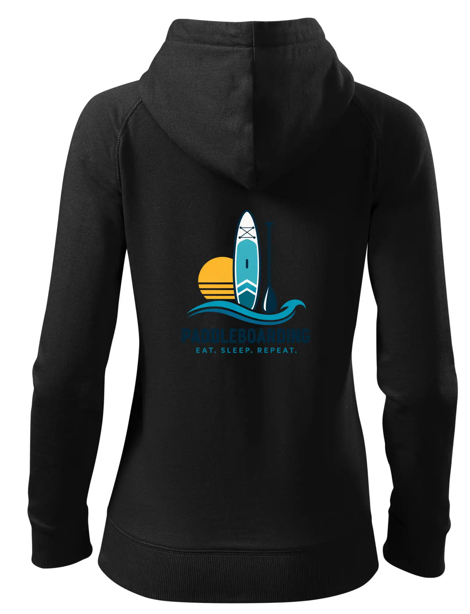 Paddleboard s pádlem při západu slunce eat sleep repeat