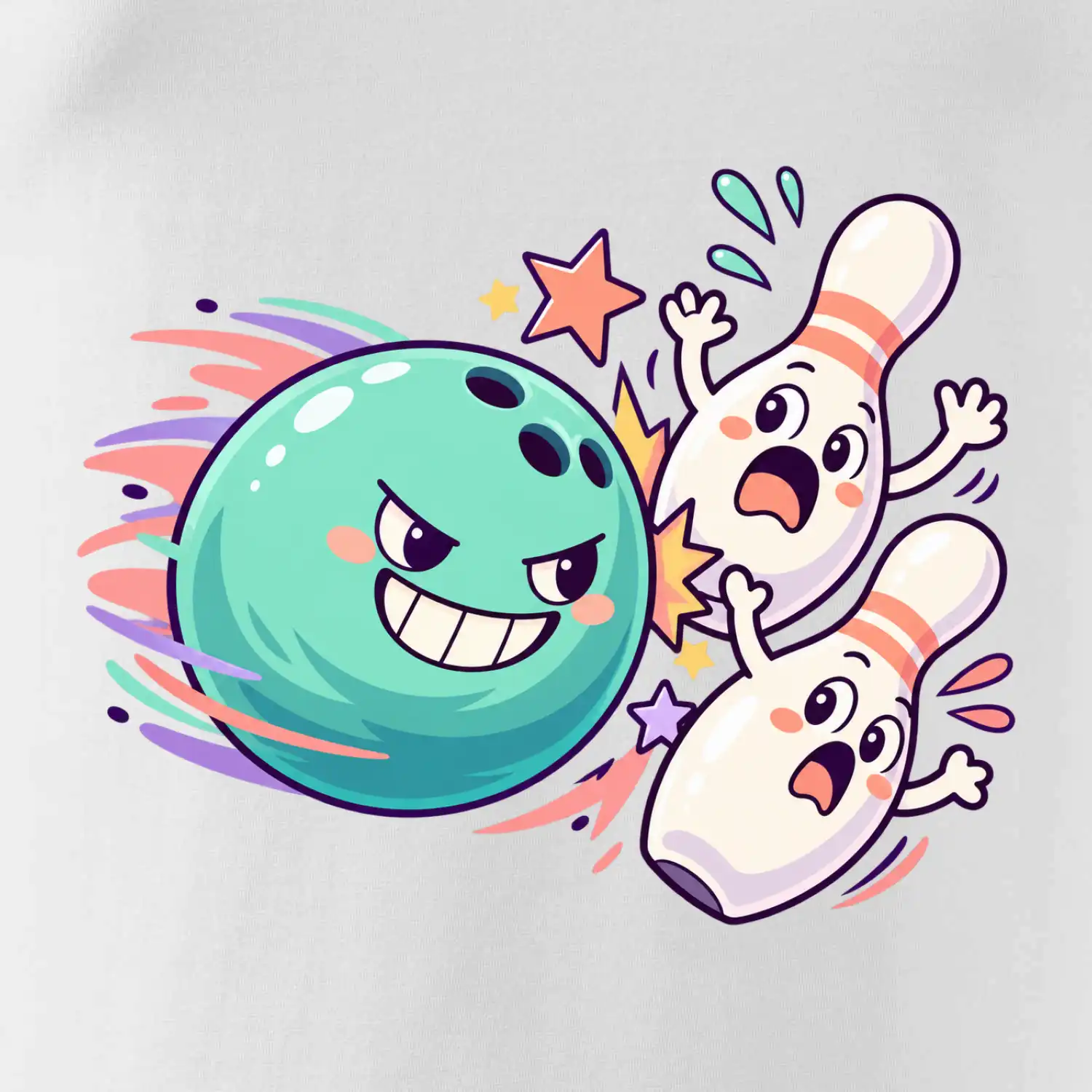 Bowling vtipná koule honí vystrašené kuželky
