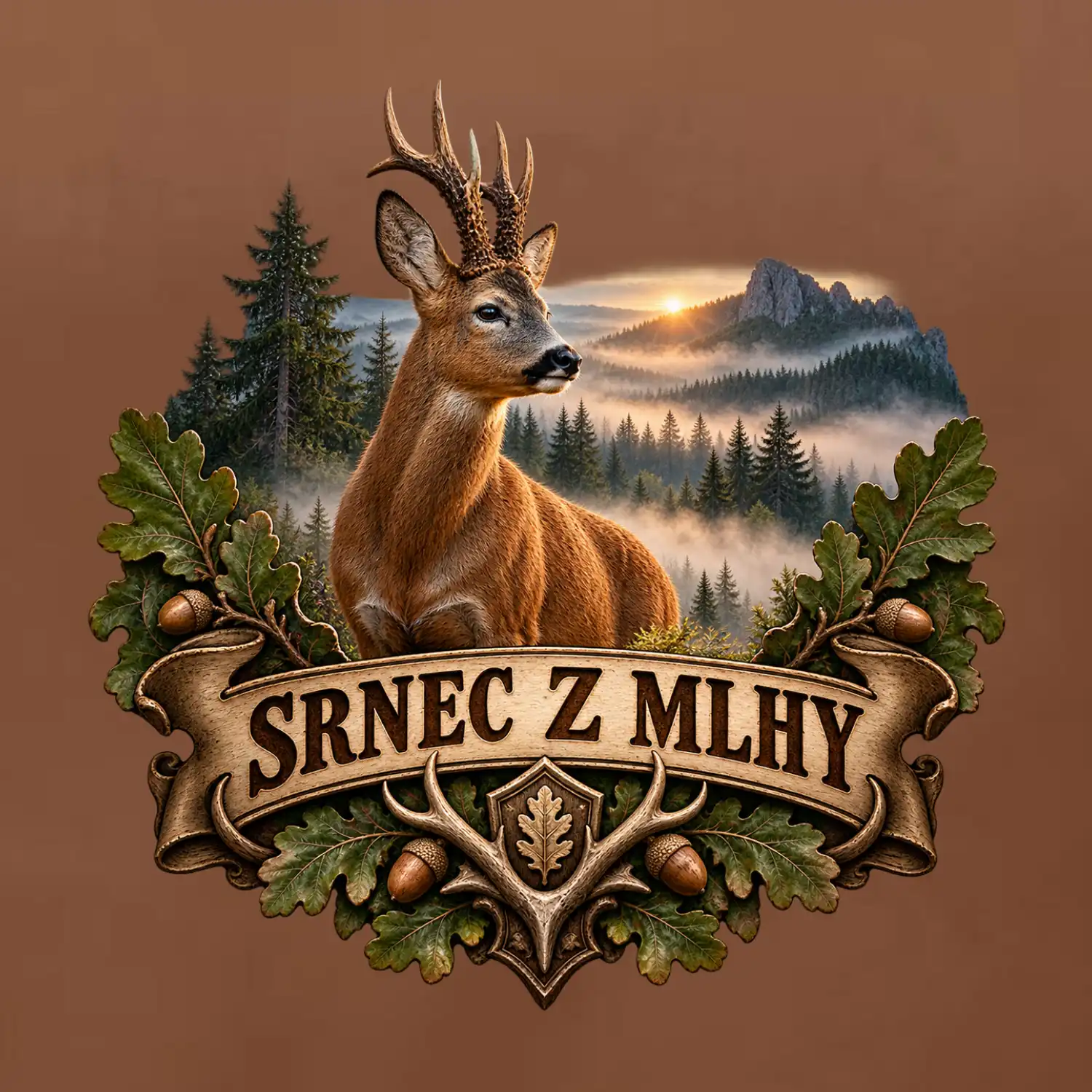 Srnec z mlhy při východu slunce