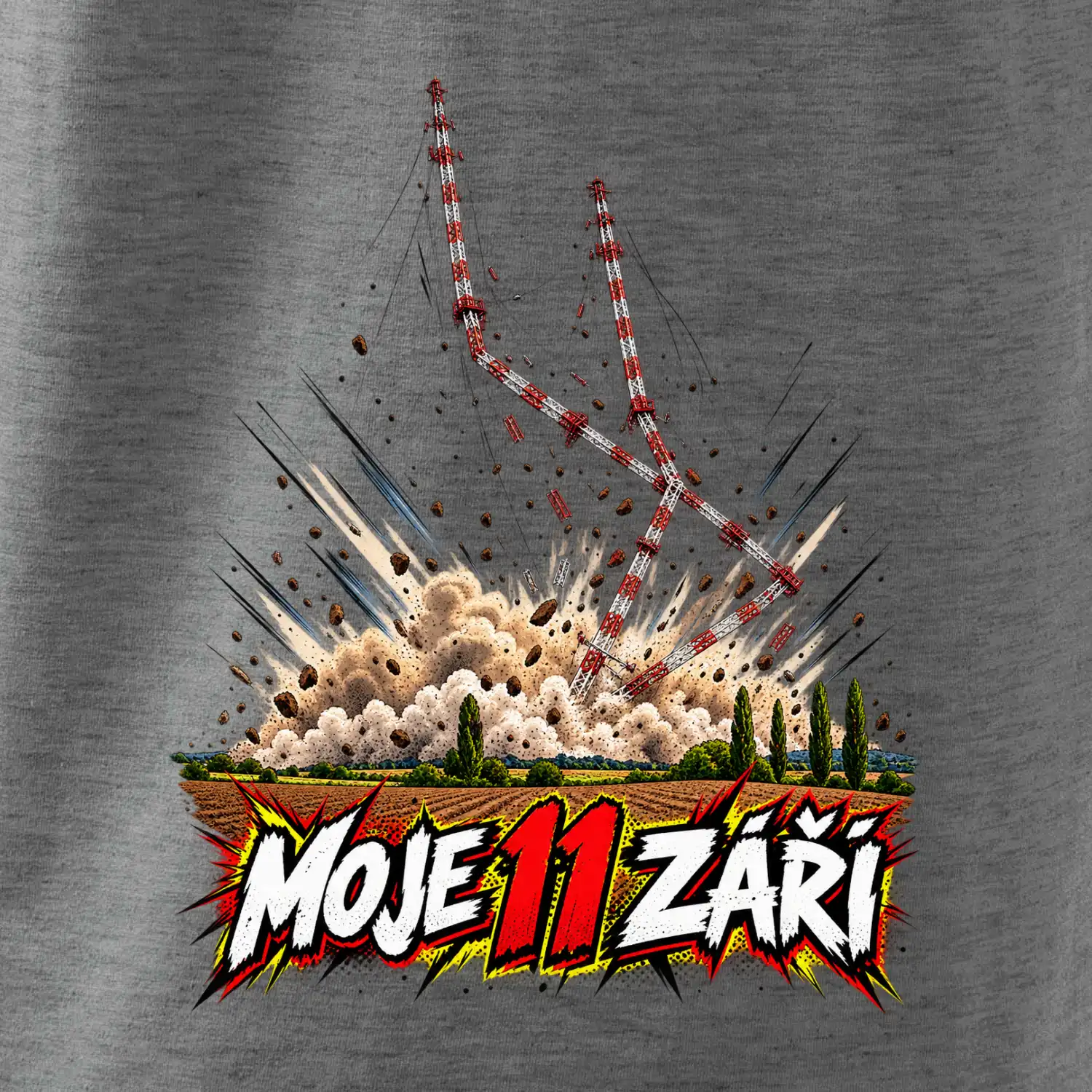 Liblice B pád vysílačů moje 11 září komiksový motiv
