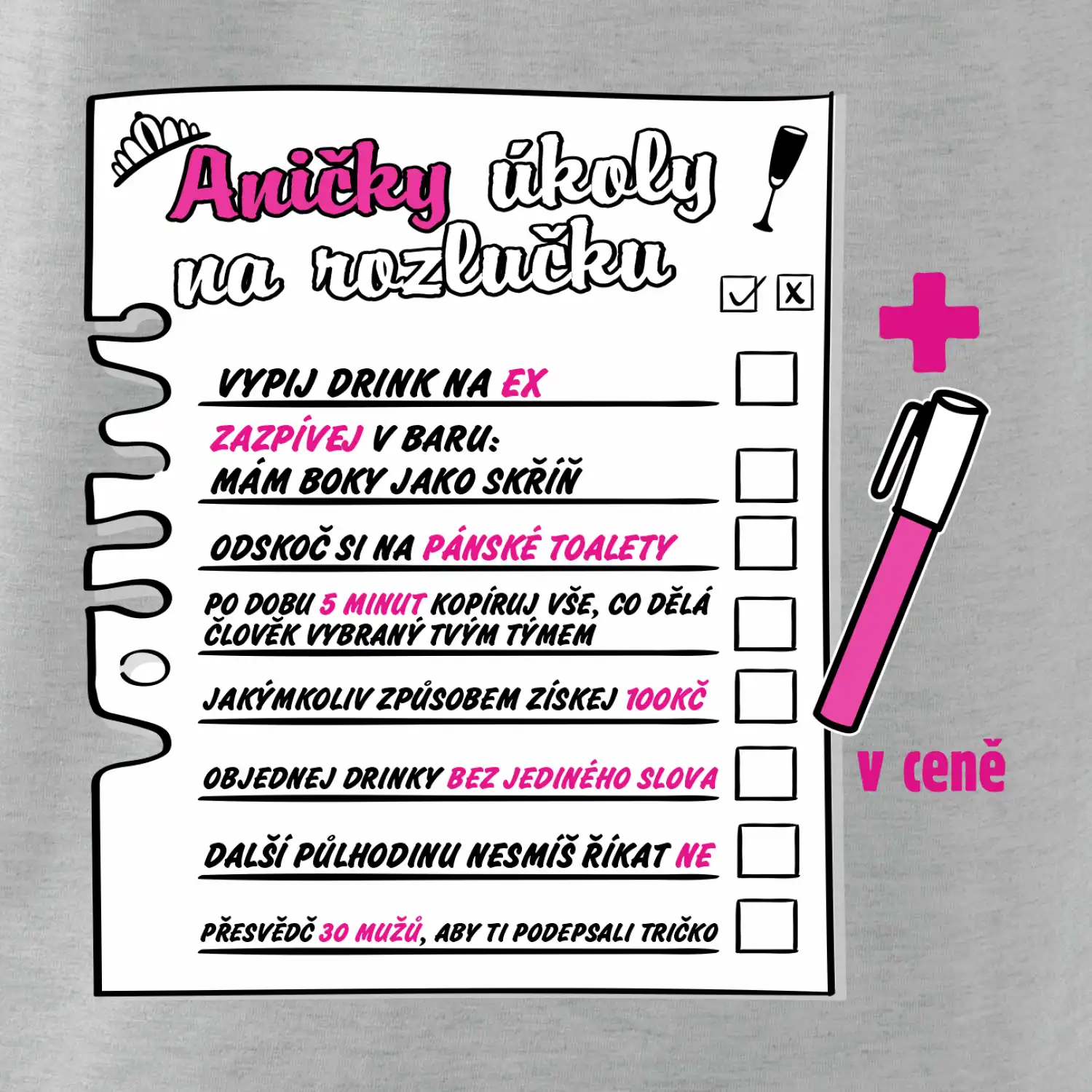 Triko na rozlučku s úkoly na zádech pro nevěstu