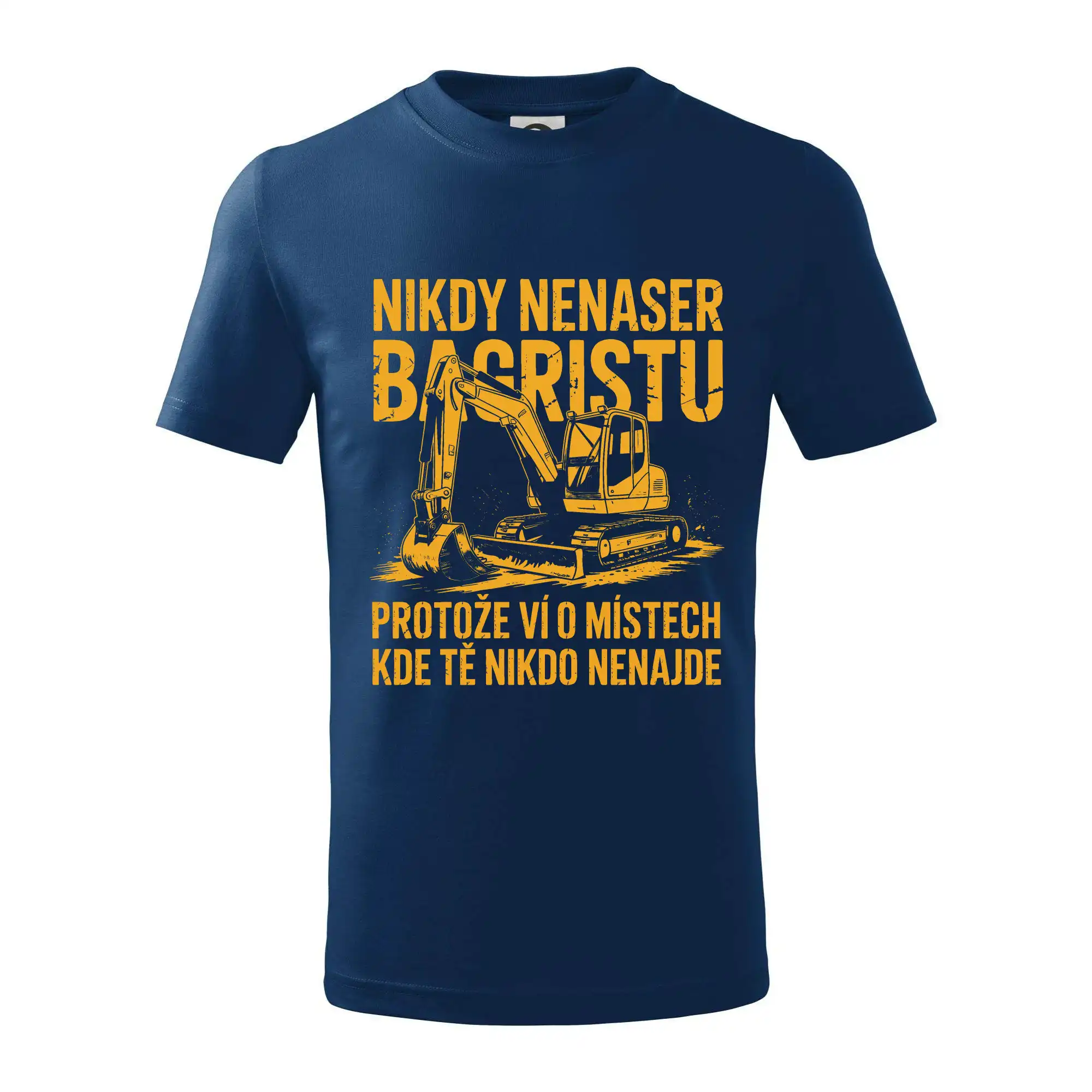 Oranžový bagr Nikdy Nenaser bagristu