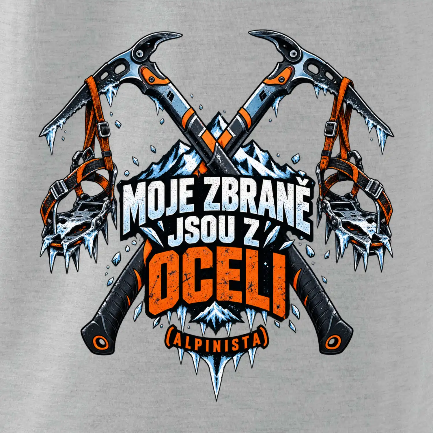 Alpinista se zbraněmi z oceli