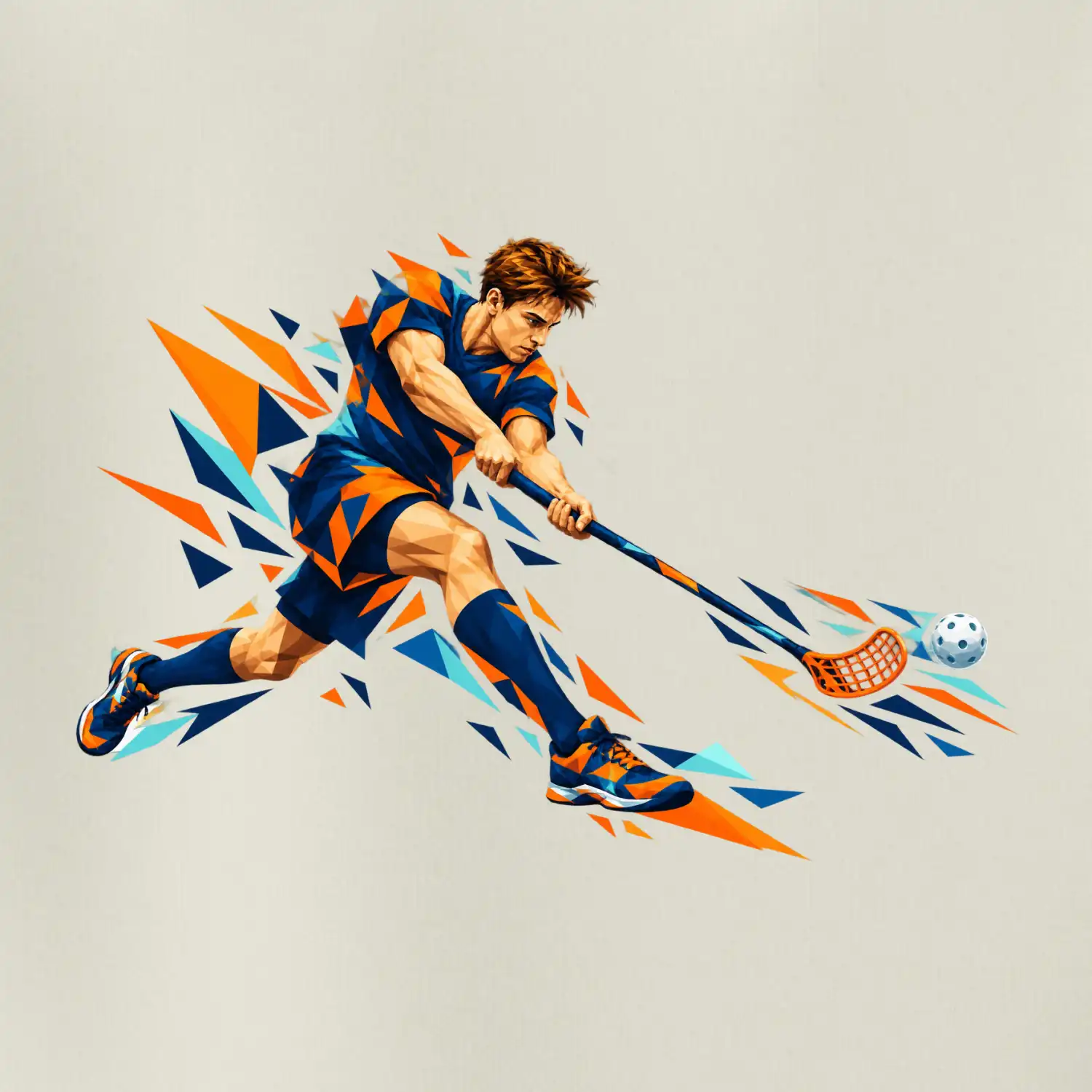 Florbalový útočník v oranžových polygonech