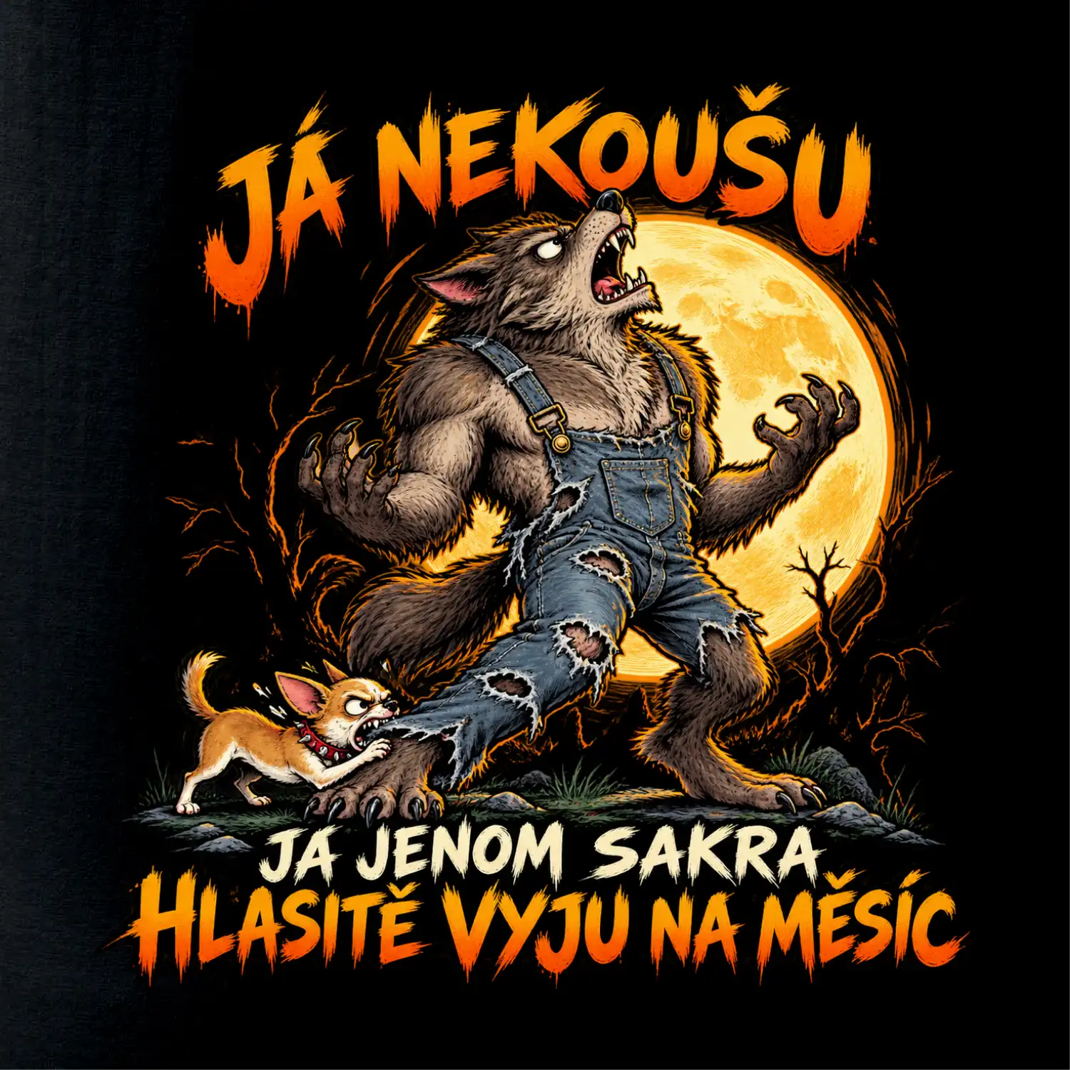 Vlkodlak s čivavou vyje na měsíc