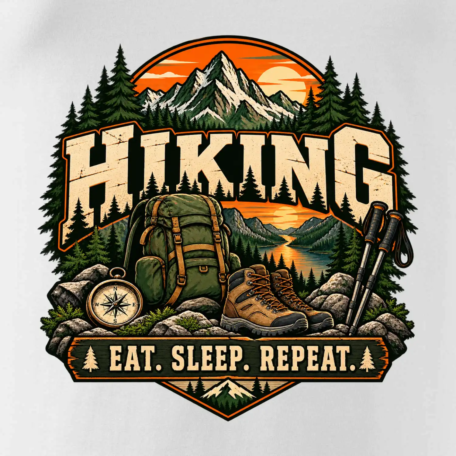 Turistický batoh v horách eat sleep repeat