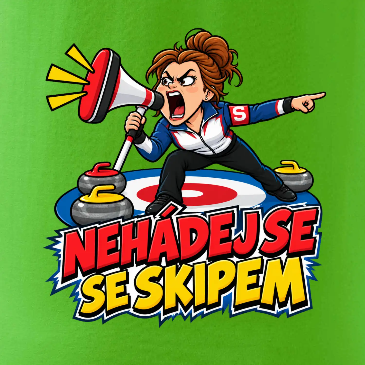 Rozzuřený curlingový skip s megafonem
