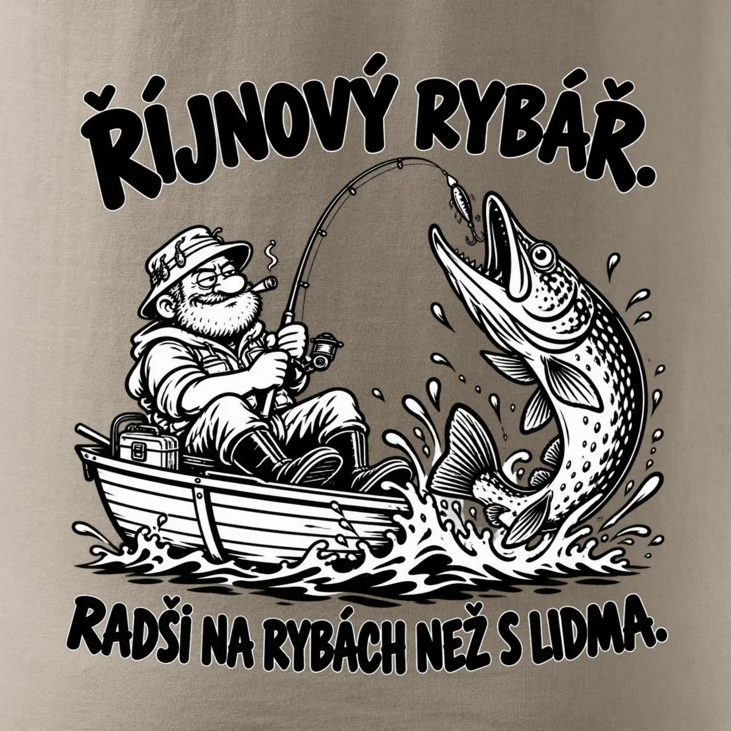 Říjnový rybář v loďce s obří štikou