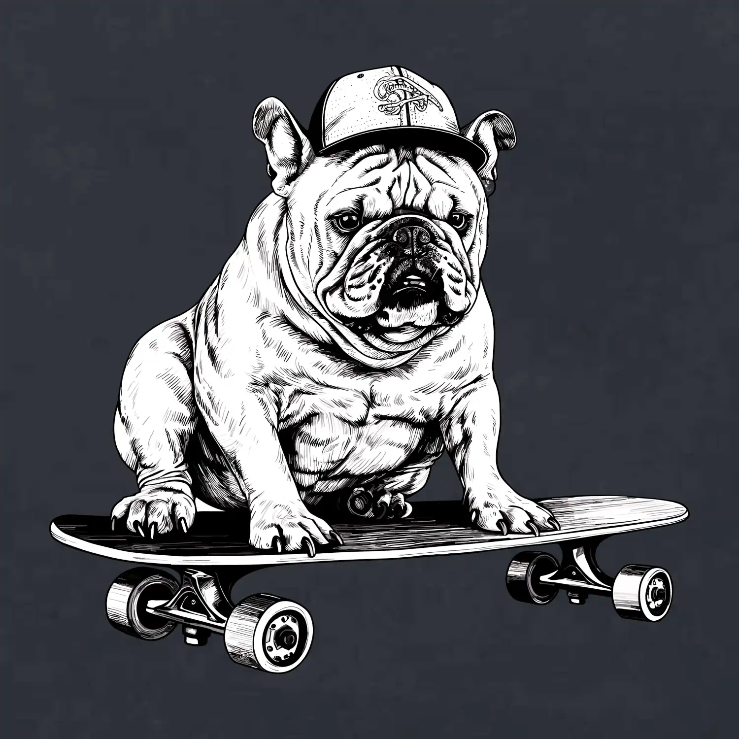 Černobílý buldok na skateboardu