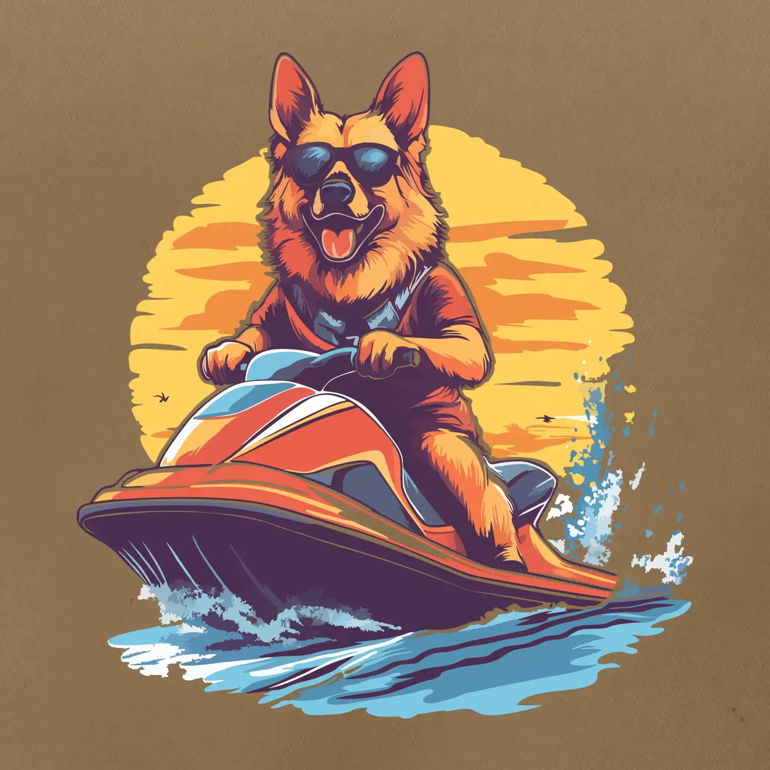 Německý ovčák na vodním skútru