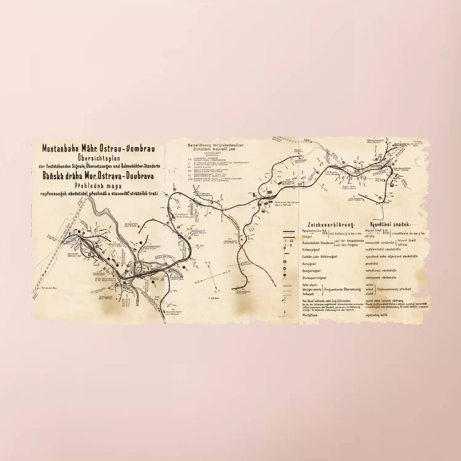 Mapa Báňské dráhy z Moravské Ostravy do Doubravy