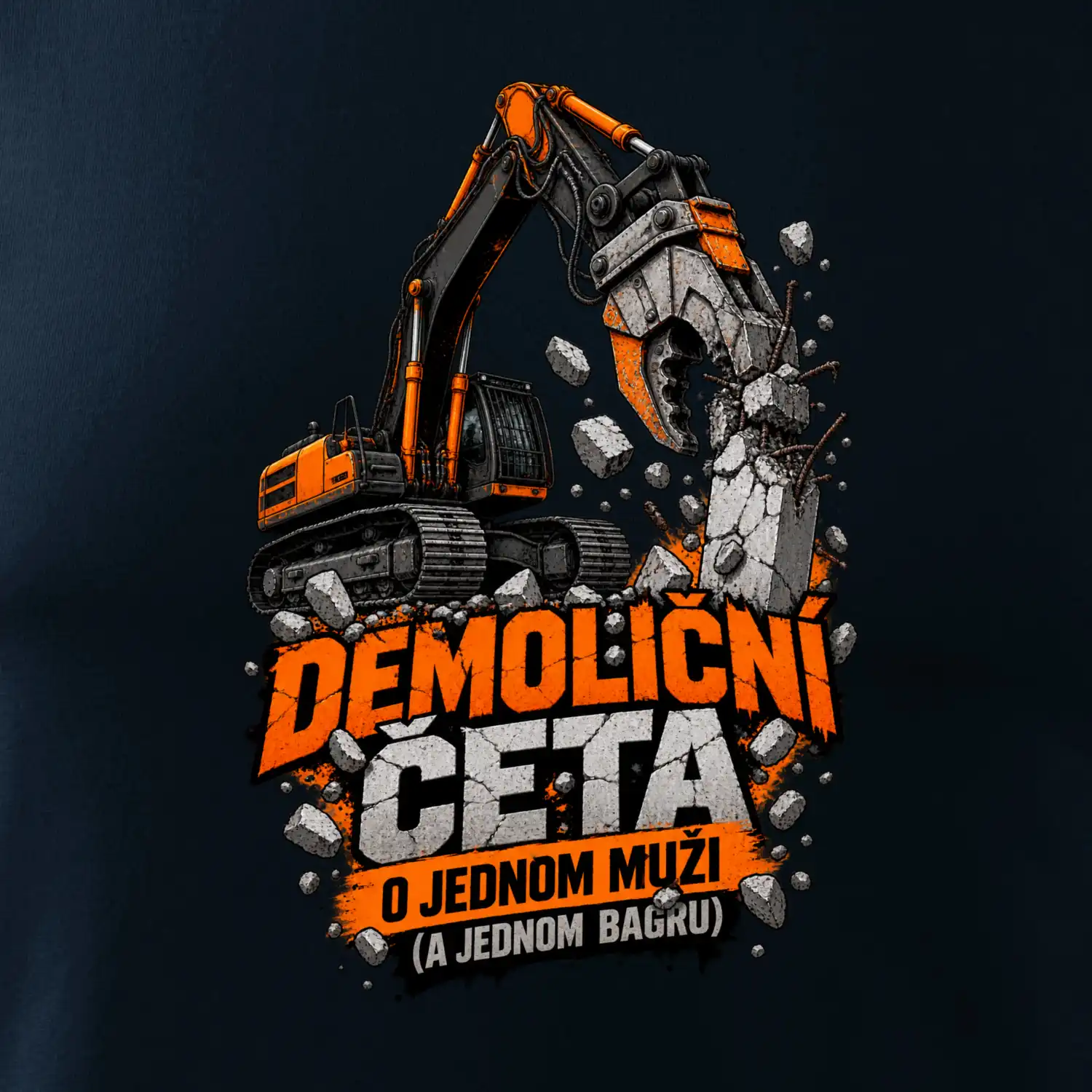 Demoliční četa o jednom muži a bagru